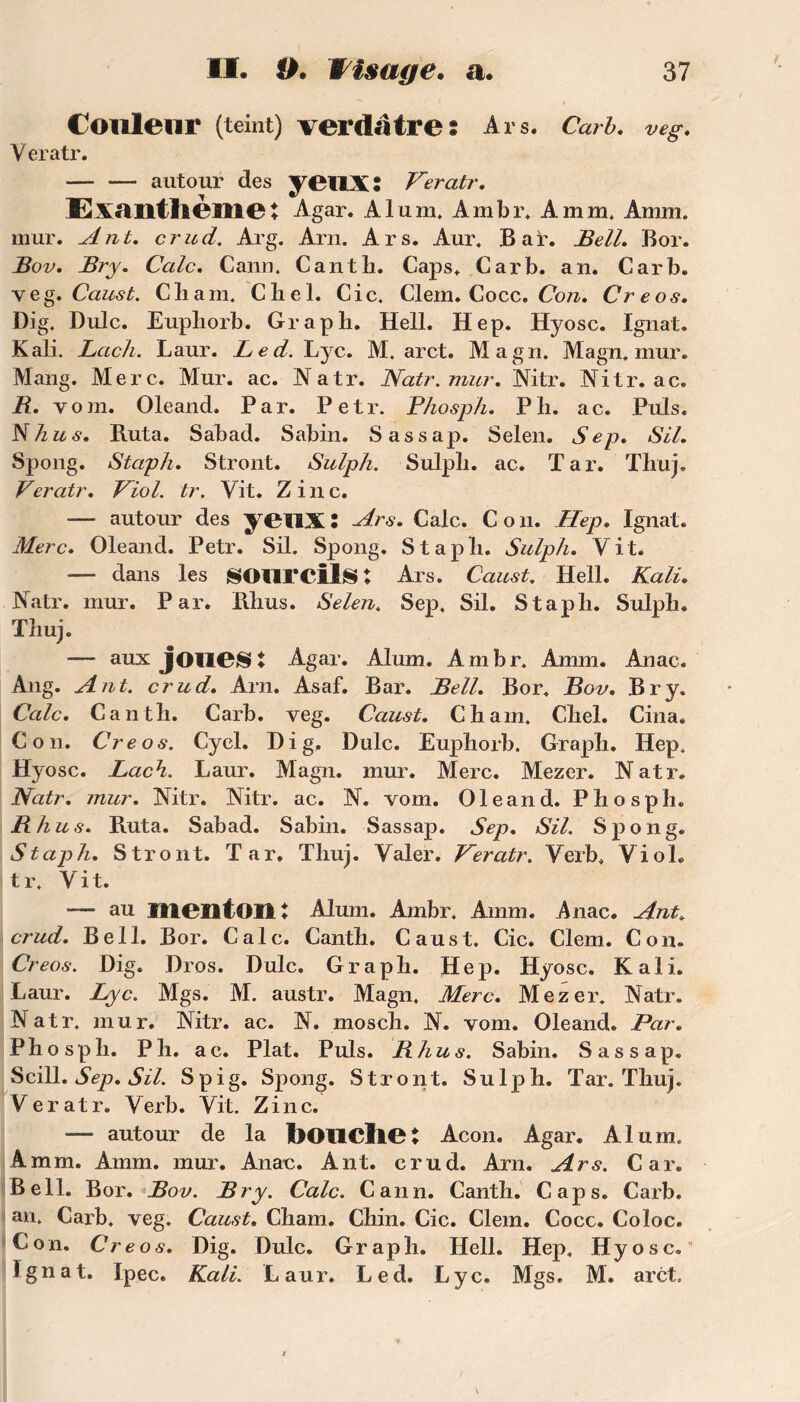 Couleur (teint) verdâtre: A r s. Car b, veg. V eratr. — *— autour des yetlX : Veratr. Exantllèmeî Agar. Alum, Ambr, A mm, Amm. mur. Ant. crud. Arg. Arn. Ars. Aur. Bar. Bell. Bor. Bov. Bry. Cale. Cann, Canth. Caps, Car b. an. Car b. veg. Caust. Cham, Chel. Cic, Clem. Cocc. Con. Creos. Dig, Dulc. Euphorb. Graph. Hell. Hep. Hyosc. Ignat. K ali. Lach. Laur. Led. Lyc. M. arct. Magn. Magn, mur. Mang. Merc. Mur. ac. Natr. Natr. mur. Nitr. Nitr. ac. R. vom. Oleand. Par. Petr. Phosph. Pli. ac. Puis. Nhus. Ruta. Sabad. Sabin. Sassap. Selen. Sep. SU. Spong. Staph. Stront. Sulph. Sulpli. ac. T a r. Thuj. Veratr. Viol. tr. Vit. Zinc. — autour des yeUX i Ars. Cale. C o n. Hep. Ignat. Merc. Oleand. Petr. Sil. Spong, Stapli. Sulph. Vit. — dans les sourcils: Ars. Caust. Hell. Kalù Natr. mur. Par. Bhus. Selen. Sep4 Sil. Stapli. Sulpb. Tliuj. — aux joues: Agar. Alum. Ambr. Amm. Anae. Ang. Ant. crud. Arn. Asaf, Bar. Bell. Bor. Bov. Bry. Cale. Cantli. Carb. veg. Caust. Cham. Cliel. Cina. Con. Creos. Cycl. I) i g. Dulc. Eupliorb. Graph. Hep, Hyosc. Lach. Laur. Magn. mur. Merc. Mezer. Natr. Natr. mur. Nitr. Nitr. ac. N. vom. Oleand. Phosph. Rhus. Ruta. Sabad. Sabin. Sassap. Sep. Sil. Spong. Staph. Stront. Tar. Thuj. Valer. Veratr. Verb, Viol, t r. V i t. — au menton: Alum. Ambr, Amm. Anac. Ant» crud. Bell. Bor. Cale. Canth. Caust. Cic. Clem. Con. Ci Aeos. Dig. Dros. Dulc. Graph. Hep. Hyosc. K ali. Laur. Lyc. Mgs. M. austr. Magn, Merc. Mezer. Natr. Natr. mur. Nitr. ac. N. mosch. N. vom. Oleand. Par. Phosph. P h. ac. Plat. Puis. Rhus. Sabin. Sassap. Scill. Sep. Sil. Spig. Spong. Stront. Sulph. Tar. Thuj. Veratr. Verb. Vit. Zinc. — autour de la bOUClie: Acon. Agar. Alum. Amm. Amm. mur. Anac. Ant. crud. Arn. Ars. Car. Bell. Bor. Bov. Bry. Cale. Cann. Canth. Caps. Carb. an. Carb, veg. Caust. Cham. Chin. Cic. Clem. Cocc. Coloc. Con. Creos. Dig. Dulc. Graph. Hell. Hep, Hyosc. Ignat. îpec. Kali. Laur. Led. Lyc. Mgs. M. arct.