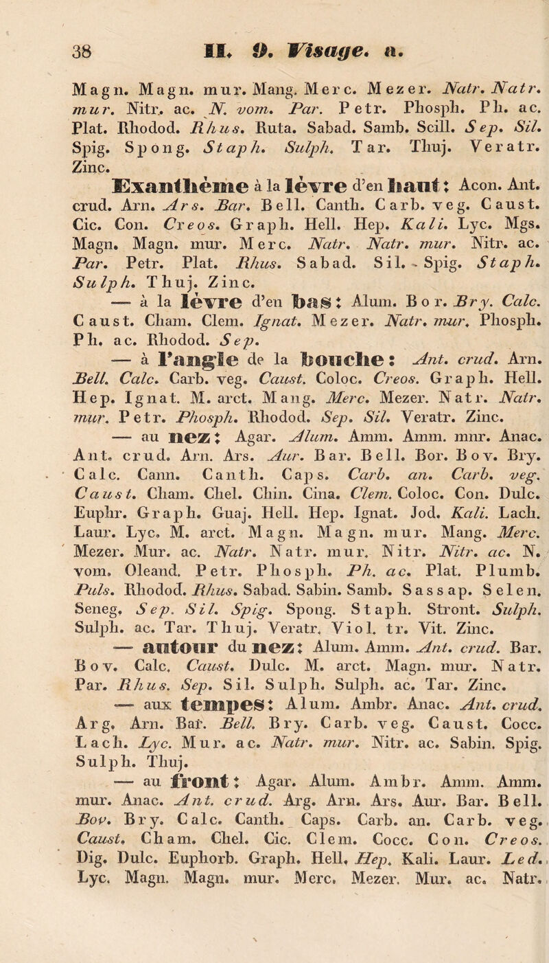 M a g n. Magn. mur. Mang, Merc. Mezer. Natr, Natr. mur. Nitr.. ac. N vom. jPa7\ Petr. Phosph. Pli. ac. Plat. PJiodod. R h u s. Ruta. Sabad. Samb. Scill. Sep. SU. Spig. S p o n g. St ap h. Sulph. T a r. ïlmj. V e r a t r. Zinc. Ælxaitf Ifcème à la lèwe d’en liant : Acon. Ant. crud. Arn. Ars. Rar. Bell. Canth. Carb. veg. Caust. Cic. Con. Creos. Grapli. Hell. Hep. Kali. Lyc. Mgs. Magn* Magn. mur. Merc. Natr. Natr. mur. Mtr. ac. Par. Petr. Plat. Rhus. Sabad. S il. - Spig. Staph. Sulph. Thuj. Zinc. —* à la lèlTT© d’en liais t Aluni. B o r. Br y. Cale. Caust. Chain. Clem. Ignat. Mezer. Natr. mur. Pliosph. Pli. ac. Rhodod. Sep. — à l'angle de la lion elle : Ant. crud. Arn. Bell. Cale. Carb. veg. Caust. Coloc. Creos. Graph. Hell. Hep. Ignat. M. arct. Mang. Merc. Mezer. Natr. Natr. mur. Petr. Phosph. Rhodod. Sep. SU. Veratr. Zinc. — au liez X Agar. Alum. Amm. Amm. mnr. Anac. Ant. crud. Arn. Ars. Aur. Bar. Bell. Bor. Bov. Bry. Cale. Cann. Canth. Caps. Carb. an. Carb. veg. Caust. Chain. Chel. Chin. Cina. Clem. Coloc. Con. Dulc. Euphr. Graph. Guaj. Hell. Hep. Ignat. Jod. Kali. Lach. Laur. Lyc. M. arct. Magn. Magn. mur. Mang. Merc. Mezer. Mur. ac. Natr. Natr. mur. Nitr. Nitr. ac. N. vom. Oleand. Petr. Phosph. Pli. ac. Plat. Plumb. Puis. Rhodocf. Rhus. Sabad. Sabin. Samb. S a s s ap. S e 1 e n. Seneg. Sep. SU. Spig. Spong. Staph. Stront. Sulph. Sulph. ac. Tar. Thuj. Veratr. Viol. tr. Vit. Zinc. —• alitons* du nez t Aluni. Amm. Ant. crud. Bar. Bov. Cale, Caust. Dulc. M. arct. Magn. mur. Natr. Par. Rhus. Sep. S il. Sulph. Sulph. ac. Tar. Zinc. *— aux tempes : Aluni. Ambr. Anac. Ant. crud. Arg. Arn. Bar. Bell. Bry. Carb. veg. Caust. Cocc. Lach. Lyc. Mur. ac. Natr. mur. Nitr. ac. Sabin. Spig. Sulph. Thuj. — au front t Agar. Alum. Ambr. Amm. Amm. mur. Anac. Ant. crud. Arg. Arn. Ars. Aur. Bar. Bell. Bov. Bry. Cale. Canth. Caps. Carb. an. Carb. veg. Caust, Cham. Chel. Cic. Clem. Cocc. Con. Creos. Dig. Dulc. Euphorb. Graph. Hell, Hep. Kali. Laur. Led. Lyc. Magn. Magn. mur. Merc. Mezer. Mur. ac. Natr.