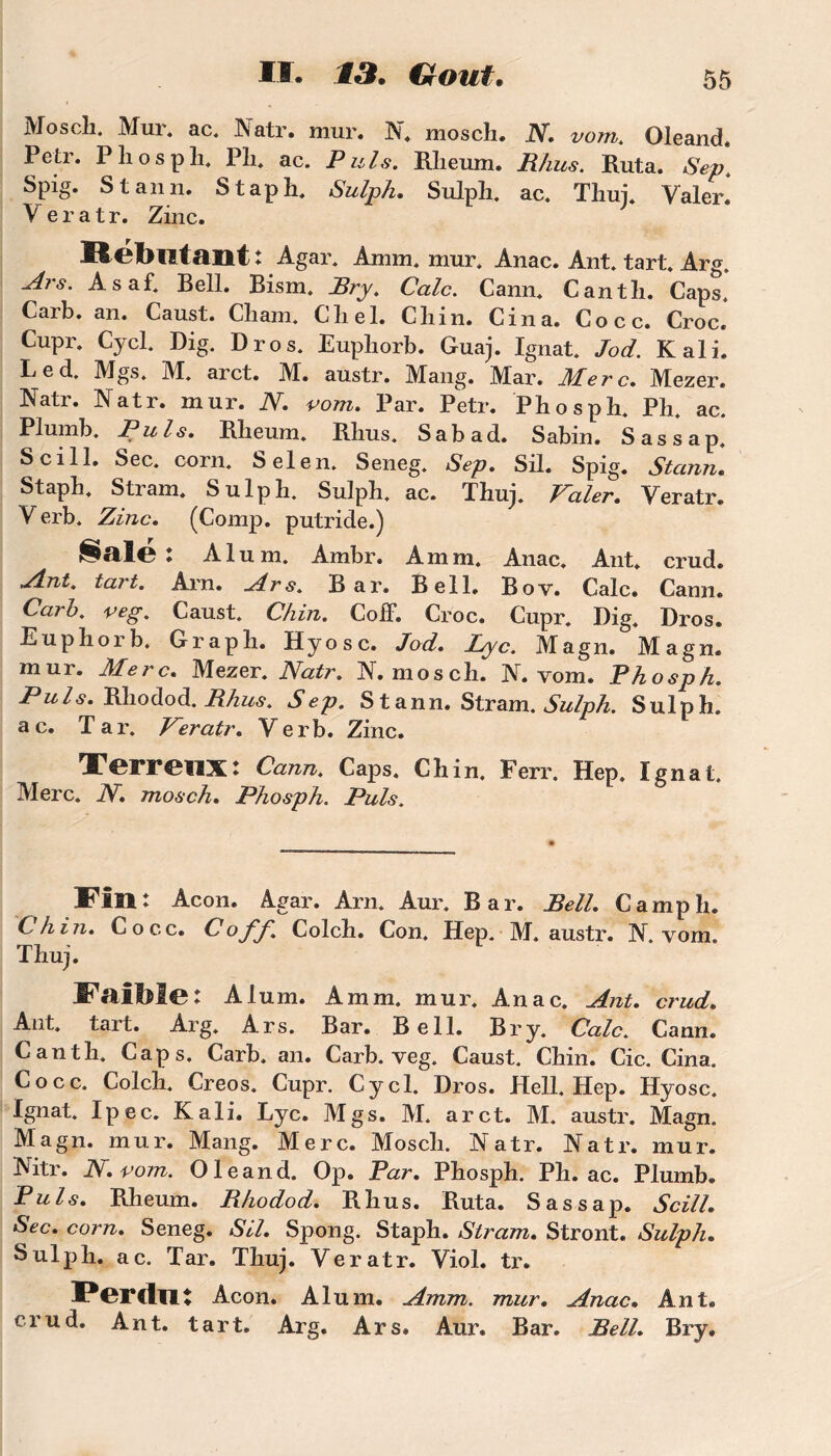 Mo s cli. Mur. ac. Natr. mur. N. mosch. N. vom. Oleand. Petr. P li os pli. Pli. ac. Puis. Rlieum. R/ius. Ruta. Sep. Spig. S tan n. Staph. Sulph. Sulph. ac. Tliuj. Valer! V e r a t r. Zinc. Hébllfant : Agar. Amm. mur. Anac. Ant. tart. Arg. Ars. Asaf. Bell. Bism. JBry. Cale. Cann. Cantli. Caps. Carb. an. Caust. Chain. Cliel. Chin. Cina. Cocc. Croc. Cupr. Cycl. Dig. Dros. Eupliorb. Guaj. Ignat. Jod. K ali. Led. Mgs. M. arct. M. austr. Mang. Mar. Merc. Mezer. Natr. Natr. mur. N. vom. Par. Petr. Phosph. Pli. ac. Plumb. Puis. Rlieum. Rhus. Sabad. Sabin. S as s a p, Scill. Sec. corn. Sel en. Seneg. Sep. Sü. Spig. Stann. Staph. Stram. Sulph. Sulph. ac. Thuj. Valer. Veratr. Verb. Zinc. (Comp. putride.) Salé: Alum. Ambr. Amm. Anac. Ant. crud. Ant. tart. Arn. Ars. Bar. Bell. Boy. Cale. Cann. Carb. veg. Caust. Chin. Coff. Croc. Cupr. Dig. Dros. Euphoi b. G r a p h. Hyosc. Jod. Lyc. Magn. Magn. mur. Merc. Mezer. Natr. N. mosch. N. vom. Phosph. Puis. Rhodod. Rhus. Sep. Stann. Stram. Sulph. Sulph. ac. Tar. Peratr. Verb. Zinc. Terreux: Cann. Caps. Chin. Ferr. Hep. Ignat. Merc. N. mosch. Phosph. Puis. Tin: Acon. Agar. Arn. Aur. Bar. Bell. Camp h. Chin. Cocc. Coff Colch. Con. Hep. M. austr. N. vom. Thuj. IFaiMe: Alum. Amm. mur. Anac. Ant. crud. Ant. tart. Arg. Ars. Bar. Bell. Br y. Cale. Cann. Canth. Caps. Carb. an. Carb. veg. Caust. Chin. Cic. Cina. Cocc. Colch. Creos. Cupr. Cycl. Dros. Hell. Hep. Hyosc. Ignat. Ipec. K ali. Lyc. Mgs. M. arct. M. austr. Magn. Magn. mur. Mang. Merc. Mosch. Natr. Natr. mur. Nitr. N. vom. Oleand. Op. Par. Phosph. Ph. ac. Plumb. Puis. Rheum. Rhodod. Rhus. Ruta. Sassap. Scill. Sec. corn. Seneg. SU. Spong. Staph. Stram. Stront. Sulph. Sulph. ac. Tar. Thuj. Veratr. Viol. tr. Perdu: Acon. Alum. Amm. mur. Anac. Ant. crud. Ant. tart. Arg. Ars» Aur. Bar. Bell. Bry.