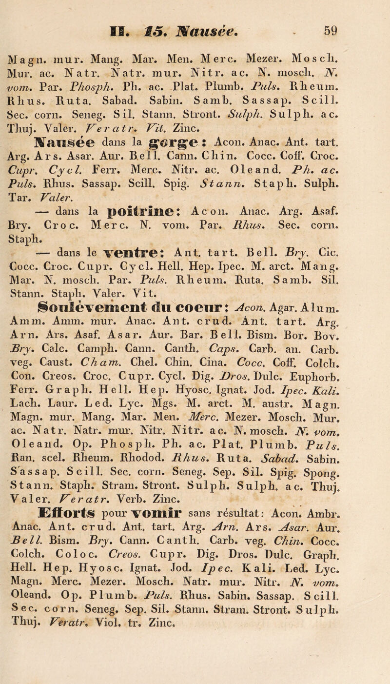 Magn, mur. Mang. Mar. Men. Merc. Mezer. Moscli. Mur. ac. Natr. Natr. mur. Nitr. ac. N. moscli. JY. vom. Par. Phosph. Pli. ac. Plat. Plumb. Puis, Rheum. Rlius. Ruta. Sabad. Sabin. Samb. Sassap. Scill. Sec. corn. Seneg. S il. Stann. Stront. Sulph. Sulpli. ac. Thuj. Yaler. Per atr. Pit. Zinc. HTauigèe dans la gorge i Àcon. Ànac. Ànt. tart. Arg. Ars. Asar. Aur. Bell. Cann. Cliin. Cocc. Colf. Croc. Cupr. Cycl. Ferr. Merc. Nitr. ac. Ole and. P h. ac. Puis. Rhus. Sassap. Scill. Spig. Stann. Staph. Sulph. Tar. Paler. — dans la poitrine: Acon. Anac. Arg. Asaf. Bry. Croc. Merc. N. vom. Par. Rhus. Sec. corn. Staph. — dans le ventre t Ant. tart. Bell. Bry. Cic. Cocc. Croc. Cupr. Cycl. Hell. Hep. Ipec. M. arct. Mang. Mar. N. moscli. Par. Puis. Rheum. Ruta. Samb. Sil. Stann. Stapli. Yaler. Yit. Soulèvement du coeur: Acon. Agar. Alum. Amm. Amm. mur. Anac. Ant. crud. Ant. tart. Arg. Arn. Ars. Asaf. Asar. Aur. Bar. Bell. Bism. Bor. Bov. Bry. Cale. Camph. Cann. Canth. Caps. Carb. an. Carb. veg. Caust, Cham. Chel. Chin. Cina. Cocc. Coif. Colch. Con. Creos. Croc. Cupr. Cycl. Dig. Pros. Dulc. Euphorb. Ferr. Graph. Hell. Hep. Hyosc. Ignat. Jod. Ipec. Kali. Lach. Laur. Led. Lyc. Mgs. M. arct. M. austr. Magn. Magn. mur. Mang. Mar. Men. Merc. Mezer. Moscli. Mur» ac. Natr. Natr. mur. Nitr. Nitr. ac. N. mosch. JY. vom. Oleand. Op. Phosph. Ph. ac. Plat. Plumb. Puis» Ran. scel. Rheum. Rhodod. Rhus. Ruta. Sabad. Sabin. Sassap. Scill. Sec. corn. Seneg. Sep. Sil. Spig. Spong. Stann. Staph. Stram. Stront. Sulph. Sulph. a c. Thuj. Valer. Per atr. Yerb. Zinc. X2tfort$ pour vomir sans résultat: Acon. Ambr. Anac. Ant. crud. Ant. tart. Arg. Arn. Ars. Asar. Aur. Bell. Bism. Bry. Cann. Canth. Carb. veg. Chin. Cocc. Colch. Col oc. Creos. Cupr. Dig. Dros. Dulc. Graph. Hell. Hep. Hyosc. Ignat. Jod. Ipec. Kali. Led. Lyc. Magn. Merc. Mezer. Mosch. Natr. mur. Nitr. JY. vom. Oleand. Op. Plumb. Puis. Rhus. Sabin. Sassap. Scill. Sec. corn. Seneg. Sep. Sil. Stann. Stram. Stront. Sulph. Thuj. Peratr, Yiol. tr. Zinc.