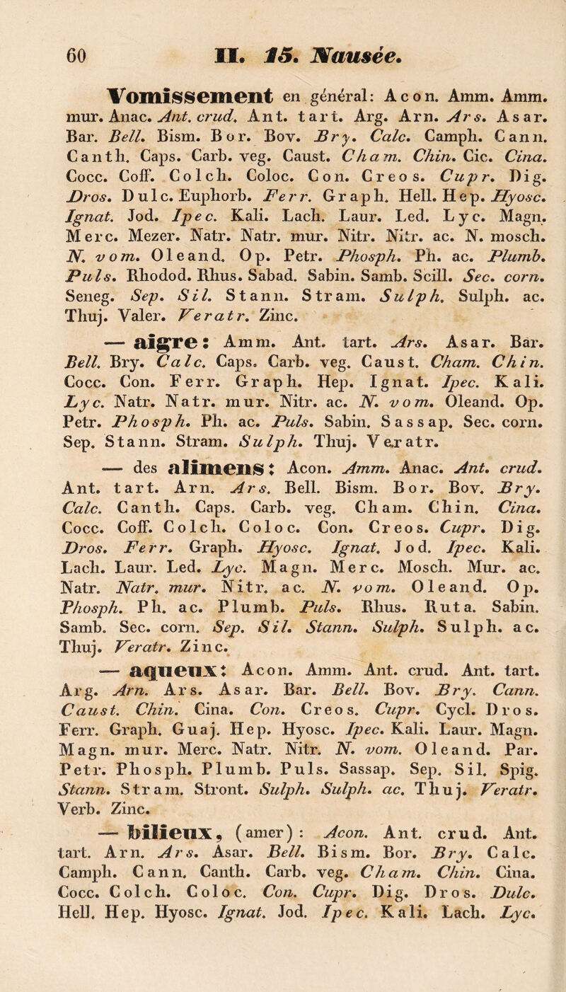 Vomissement en général: Acon. Amm. Amm. mur. Anac. Ant. crud. Ant. tart. Arg. Arn. Ars. Asar. Bar. Bell. Bism. B or. Bov. Br y. Cale. Campli. Cann. Cantli. Caps. Carb. veg. Caust. Cham. Chin.Cic. Cina. Cocc. Coff. Col cli. Coloc. Con. Creos. Cupr. Di g. Bros. Du 1 c. Euphorb. Ferr. Gr aph. Hell. Hep. Hyosc. Ignat. Jod. Ipec. Kali. Lach. Laur. Led. Lyc. Magn. Merc. Mezer. Natr. Natr. mur. Mtr. Mtr. ac. N. mosch. N. vont. Ole and. Op. Petr. Fhosph. Pii. ac. Plumb. Puis. Bliodod. Rhus. Sabad. Sabin. Samb. Scill. Sec. corn. Seneg. Sep. SU. Stann. S tram. Sulph. Sulph. ac. Thuj. Valer. Veratr. Zinc. — aigre î Amm. Ant. tart. Ars. Asar. Bar. Bell. Bry. Cale. Caps. Carb. veg. Caust. Cham. Ch in. Cocc. Con. Ferr. Graph. Hep. Ignat. Ipec. Kali. jLyc. Natr. Natr. mur. Nitr. ac. JY. vom. Oleand. Op. Petr. Phosph. Pli. ac. Puis. Sabin. Sassap. Sec. corn. Sep. Stann. Stram. Sulph. Thuj. Ve.ratr. — des allmens X Acon. Amm. Anac. Ant. crud. Ant. tart. Arn. Ars. Bell. Bism. B or. Bov. Bry. Cale. Cantli. Caps. Carb. veg. Cham. Chin. Cina. Cocc. Coff. Colcli. Coloc. Con. Creos. Cupr. Di g. Bros. Ferr. Graph. Hyosc. Ignat. Jod. Ipec. Kali. Lach. Laur. Led. Lyc. Magn. Merc. Mosch. Mur. ac. Natr. Natr. mur. Nitr. ac. N. vom. Oleand. Op. Phosph. Ph. ac. Plumb. Puis. Rhus. Rut a. Sabin. Samb. Sec. corn. Sep. SU. Stann. Sulph. Sulph. ac. Thuj. Feratr. Zinc. »— aqueux : Acon. Amm. Ant. crud. Ant. tart. Arg. Arn. Ars. Asar. Bar. Bell. Bov. Bry. Cann. Caust. Chin. Cina. Con. Creos. Cupr. Cycl. Dros. Ferr. Graph. Guaj. Hep. Hyosc. Ipec. Kali. Laur. Magn. Magn. mur. Merc. Natr. Nitr. N. vom. Oleand. Par. Petr. Phosph. Plumb. Puis. Sassap. Sep. S il. Spig. Stann. Stram. Stront. Sulph. Sulph. ac. Tliuj. Feratr. Verb. Zinc. — bilieux9 (amer) : Acon. Ant. crud. Ant. tart. Arn. Ars. Asar. Bell. Bism. Bor. Bry. Cale. Camph. Cann. Canth. Carb. veg. Cham. Chin. Cina. Cocc. Colch. Coloc. Con. Cupr. Di g. Dros. Bulc. Helh Hep. Hyosc. Ignat. Jod. Ipec. Kali. Lach. Lyc.