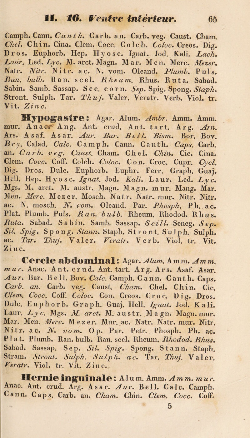 Campli. Cann. Ca n t h. Car b» an. Carb. veg. Caust. Cham. Chel. Cliin. Cina. Clem. Cocc. Colcîi. Co/oc. Creos. Dig. Dr os. Euphorb. Hep. Hyosc. Ignat. Jod. Kali. Lach. Laur. Led.Lyc. M. arct. Magn. Mar. Men. Merc. Mezer. Natr. Nitr. Nitr. ac. N. vom. Oleand. Plumb. Puis. Ran. bulb. Kan. scel. Rheum. Klius. K ut a. Sabad. Sabin. Samb, Sassap. Sec, corn. Sep. Spig. Spong. Staph. Stront, Sulpb. Tar. Thuj. Valer. Veratr. Verb. Viol. tr. Vit. Zinc. Hyp®gaStr©S Agar. Alum. Ambr. Amm. Amm. mur. Anac. An g. Ant. crud* Ant. tart. Arg. Am. Ars. Asaf. Asar. Aur. JBar. Bell. Bism. Bor. Bov, Br y. Calad. Cale. C ampli. Cann. Canth. Caps. Carb. an. Carb. veg. Caust. Chain. Chel. Chin. Cic. Cina. Clem. Cocc. CofF. Colch. Coloc. Con. Croc, Cupr. Cycl. Dig. Dr os. Dulc. Euphorb. Euphr. Eerr. Graph. Guaj. Hell. Hep. Hyosc. Ignat. Jod. Kali. Laur. Led. Lyc• Mgs. M. arct. M. austr. Magn. Magn. mur, Mang. Mar. Men. Merc. Mezer. Mosch. Natr. Natr. mur. Mtr. Mtr. ac. N. mosch. N. vom. Oleand. Par. Phosph. P h. ac. Plat. Plumb. Puis. Ban. bulb. Rheum, Khodod. Rhus. Buta. Sabad. Sabin. Samb. Sassap. Scill. Seneg. Sep. SU. Spig. Spong. Stann. Staph. Stront. Sulpli. Sulph. ac. Tar. Thuj. Valer. Veratr. Verb. Viol. tr. Vit. Zinc. Cercle *ll> ci O mi IS a 11 Agar. Alum. Amm. Amm. mur. Anac. Ant. crud. Ant. tart. Arg. Ars. Asaf. Asar. Aur. Bar. Bell. Boy. Cale. Camph. Cann. Canth. Caps. Carb. an. Carb. veg. Caust. Cham. Chel. Chin. Cic. Clem. Cocc. CofF. Coloc. Con. Creos. Croc. Dig. Dros. Dulc. Euphorb. Graph. Guaj. Hell. Ignat. Jod. Kali. Laur. Lyc. Mgs. M. arct. M. austr. Magn. Magn. mur. Mar. Men. Merc. Mezer. Mur. ac. Natr. Natr. mur. Nitr, Nitr. ac. N. vom. Op. Par. Petr. Phosph. Ph. ac. Plat. Plumb. Ran. bulb. Ran. scel. Rheum. Bhodod. Rhus. Sabad. Sassap, Sep. SU. Spig. Spong. Stann. Staph» Stram. Stront. Sulph. Sulph. ac. Tar. Thuj. Valer. Veratr. Viol. tr. Vit. Zinc. Hernie inguinale : Alum. Amm. Amm. mur. Anac. Ant. crud. Arg. Asar. Aur. Bell. Cale. Camph. Cann. Caps. Carb. an. Cham. Chin. Clem. Cocc. CofF. 5