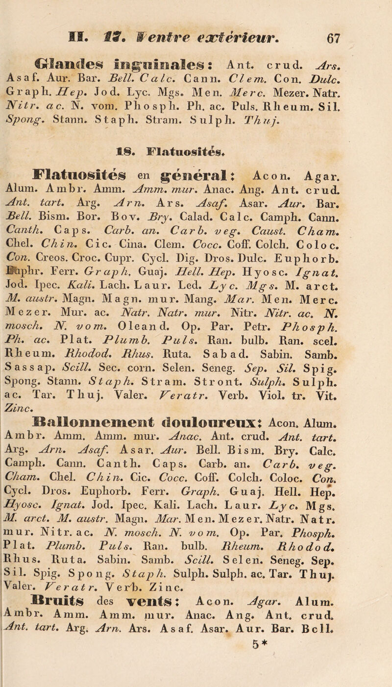 €*landes Inguinales: Ant. crud. Ars. A s a f. Aur. Bar. Bell. Cale. Cann. Cl em. Con, Dulc. Graph. Hep. Jod. Lyc. Mgs* Men. Merc. Mezer. Natr. Nitr. ac. N. vom. Phosph. Ph. ac. Puis, Rheum. S il. Spong. Stann. S t a p li. Strarn. 8 ul p h. Th uj. 18. Flatuosités. Flatuosité® en général: Acon. Agar. Aluni. Ambr. Amm. Amm. mur. Anac. Ang. Ant. crud. Ant. tart. Arg. A rn. Ars. Asaf. Asar. Aur. Bar. Bell. Bism. Bor. Bov. Bry. Calad. Cale. Camph. Cann. Canth. Caps. Carb. an. Car b. veg. Caust. C ha ni. Cliel. Ch in. Cic. Cina. Clem. Cocc. ColF. Colch. Coloc. Con. Creos. Croc. Cupr. Cycl. Dig. Dros. Dulc. Euphorb. Buplir. Ferr. Graph. Guaj. Hell. Hep. Hyosc. Ignat. Jod. Ipec. Kali. Lacli. L aur. Led. Lyc. Mgs. M. arct. M. austr. Magn. Magn. mur. Mang. Mar. Men* Merc. Mezer. Mur. ac. Natr. Natr. mur. Nitr. Nitr. ac. N. mosch. N. vom. Ole and. Op. Par. Petr. Phosph. Ph. ac. Plat. Plumb. Puis. Ran. bulb. Ran. scel. Rb eum. Bhodod. Bhus. Ruta. Sabad. Sabin. Samb. Sassap. Scill. Sec. corn. Selen. Seneg. Sep. SU. Spig* Spong. Stann. Staph. S tram. St r ont. Sulph. Sulph. ac. Tar. Tliuj. Valer. Veratr. Verb. Viol. tr. Vit. Zinc. Halloimement douloureux: Acon. Alum. Ambr. Amm. Amm. mur. Anac. Ant. crud. Ant. tart. Arg. Arn. Asaf. Asar. Aur. Bell. Bism. Bry. Cale. Camph. Cann. Canth. Caps. Carb. an. Carb. veg. Cham. Chel. Ch in. Cic. Cocc. Coff. Colch. Coloc. Con. Cycl. Dros. Euphorb. Ferr. Graph. Guaj. Hell. Hep. Hyosc. Ignat. Jod. Ipec. Kali. Lach. Laur* Lyc. Mgs. M. arct. M. austr. Magn. Mar. M en. M ez e r. Natr. Natr. mur. Nitr. a c. N. mosch. N vom. Op. Par. Phosph. Plat. Plumb. Puis. Ran. bulb. Rheum. R ho do d* Rhus. Rut a. Sabin. Samb. Scill. Selen. Seneg. Sep. S i 1. Spig. Spong. St cip h. Sulph. Sulph. ac. Tar. T h u j. Valer. Veratr. Verb. Zinc. liruits des vent®: Acon. Agar. Alum. Ambr. Amm. Amm. mur. Anac. Ang. Ant. crud. Ant. tart. Arg. Arn. Ars. Asaf. Asar. Aur. Bar. Bell* 5*