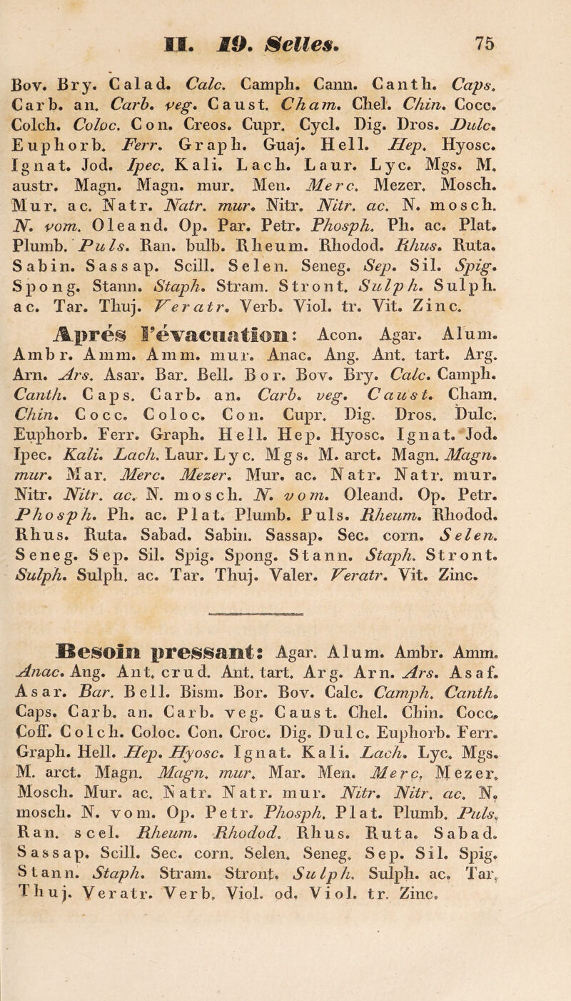 Bov. Br y. Cal ad. Cale. Camph. Cann. Cantli. Caps. Car b. an. Carb. veg. Caust. Chain. Cliel. Chin. Cocc. Colch. Coloc. C o n. Creos. Cupr. Cycl. Dig. Dros. Dulc. Eupliorb. Ferr. Graph. Guaj. Hell. Hep. Hyosc. Ignat. Jod. Ipec. K ali. Lach. Laur. Lyc. Mgs. M. austr. Magn. Magn. mur. Men. Merc. Mezer. Mosch. Mur. ac. l'Tatr. Natr. mur. Nitr. Nitr. ac. N. mosch. N. rom. Ole and. Op. Par. Petr. Phosph. Pli. ac. Plat. Plumb. Puis. Ban. bulb. Bheum. Bhodod. Rhus. Buta. S ab in. S as s ap. Scill. Selen. Seneg. Sep, Sil. Spig. Spong. Stann. Staph, Stram. Stront. Sulph. Sulph. ac. Tar. Tliuj. Veratr, Yerb. Viol. tr. Vit. Zinc. Apres l’évacuation: Acon. Agar. Alum. Ambr. A mm. A mm. mur. Anac. Ang. Ant. tart. Arg. Am. Ars. Asar. Bar. Bell. B o r. Boy. Bry. Cale, Camph. Canth. Caps. Carb. an. Carb. veg, Caust, Cham. Chin, Cocc. Coloc. Con. Cupr. Dig. Dros. Dulc. Euphorb. Ferr. Graph. Hell. Hep. Hyosc. Ignat. Jod. Ipec. Kali, Lach. Laur. L y c. Mgs. M. arct. Magn. Magn, mur, Mar. Merc, Mezer. Mur. ac. Natr. Natr. mur. Nitr. Nitr. ac. N. mosch. N, vom, Oleand. Op. Petr. Phosph, Ph. ac. Plat. Plumb. Puis. Rheum, Bhodod. Bhus. Buta. Sabad. Sabin. Sassap. Sec. corn. Selen. Seneg. Sep. Sil. Spig. Spong. Stann. Staph. Stront. Sulph, Sulph. ac. Tar. Thuj. Valer. Veratr, Vit. Zinc. Hesoflî pressant: Agar. Alum. Ambr. Amin, Anac, Ang. Ant. crud. Ant. tart. Arg. Arn. Ars, Asaf. Asar. Bar. Bell. Bism. Bor. Bov. Cale. Camph. Canth. Caps. Carb. an. Carb. veg. Caust. Chel. Chin. Cocc. Coff. Colch. Coloc. Con. Croc. Dig. Dulc. Euphorb. Ferr. Graph. Hell. Hep. Hyosc, Ignat. Kali. Lach. Lyc. Mgs. M. arct. Magn. Magn. mur. Mar. Men. Merc, Mezer. Mosch. Mur. ac. Natr. Natr. mur. Nitr. Nitr. ac. N. mosch. N. vom. Op. Petr. Phosph. Plat. Plumb. Puis. Ban. scel. Rheum. Rhodod. Bhus. Buta. Sabad. Sassap. Scill. Sec. corn. Selen* Seneg. Sep. Sil. Spig. Stann. Staph. Stram. Stront. Sulph. Sulph. ac. Tar. Thuj. Veratr. Ver b. Viol. od. Viol. tr. Zinc.