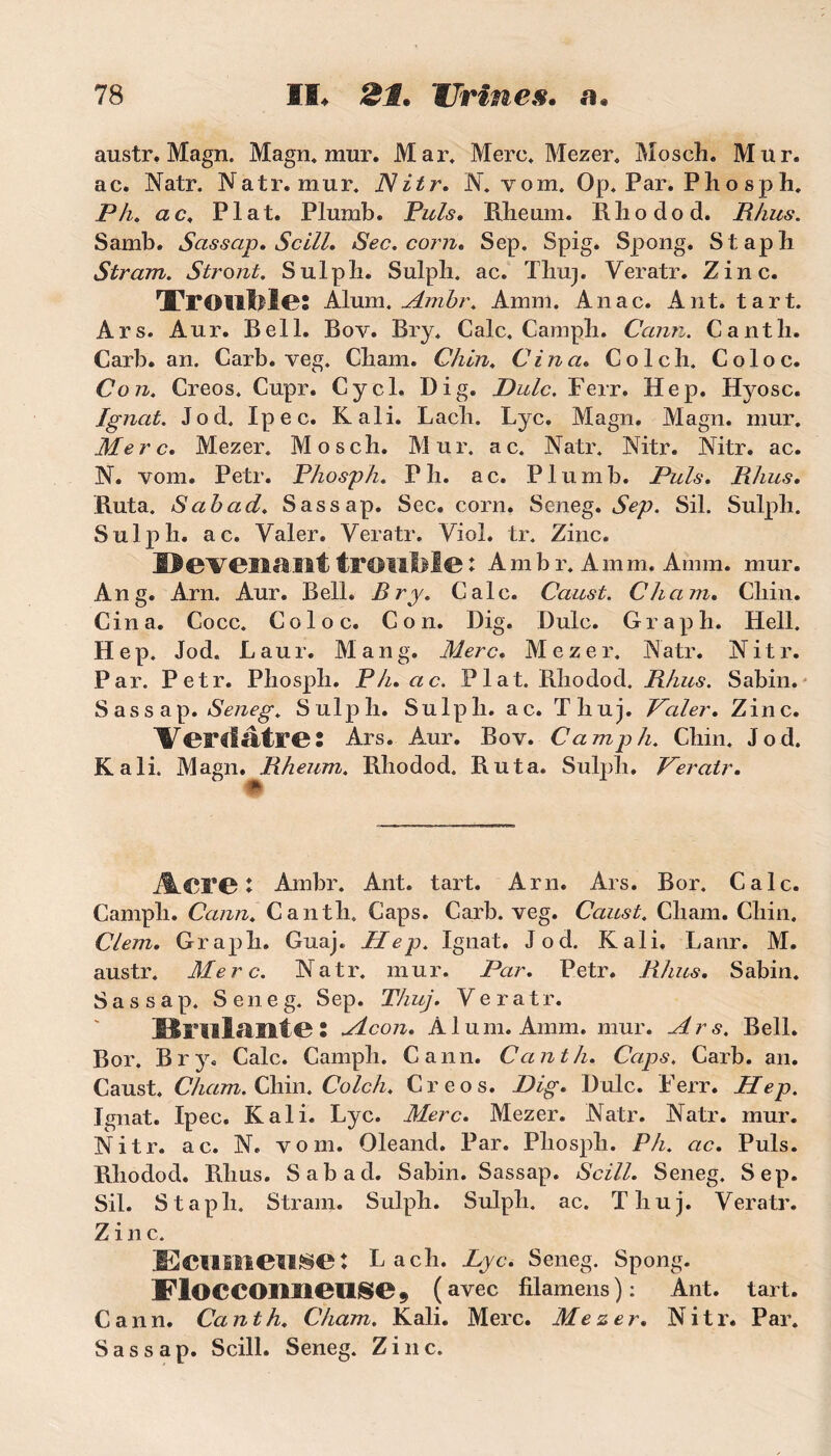 austr. Magn. Magn, mur. Mar, Merc, Mezer. Mosch. Mur. ac. Natr. Natr. mur. Nitr. N, vom, Op. Par. Ph o sp h, P h. ac, Plat. Plumb. Puis. Rheum. Rhodod. Rhus. Samb. Sassap. Scill. Sec. corn» Sep. Spig. Spong. Staph Stram. Stront. Sulpb. Sulph. ac. Thuj. Veratr. Zinc. FrOlltlle: Alum. Ambr. Amm. Anac. Ant. tart. Ars. Aur. Bell. Bov. Bry. Cale, Campli. Cann. Cantli. Carb. an. Carb. veg. Cliam. Chin. Cina. Colch. Coloc. Con. Creos. Cupr. Cycl. Di g. Dulc. Ferr. Hep. Hyosc. Ignat. Jod, Ipec. K ali. Lach. Lyc. Magn. Magn. mur. Merc. Mezer. Mosch. Mur. ac. Natr. Nitr. Nitr. ac. N. vom. Petr. Phosph. P h. ac. Plumb. Puis. Rhus. Ruta. Sabad. Sassap. Sec. corn. Seneg. Sep. Sil. Sulph. Sulph. ac. Valer. Veratr. Viol. tr. Zinc. Devenant trouble : Ambr. Amm. Amm. mur. An g. Arn. Aur. Bell. Bry. Cale. Caust. Cliam. Cliin. Cina. Cocc. Coloc. Con. Dig. Dulc. Graph. Hell. Hep. Jod. Laur. Mang. Merc. Mezer. Natr. Nitr. Par. Petr. Phosph. Ph.ac. Plat. Rhodod. Rhus. Sabin. S ass ap. Seneg. Sulph. Sulph. ac. Thuj. Valer. Zinc. Verdâtre: Ars. Aur. Bov. Camp h. Chin. Jod. K ali. Magn. Rheum. Rhodod. Ruta. Sulph. Veratr. ALei’C * Ambr. Ant. tart. Arn. Ars. Bor. Cale. Camph. Cann. Cantli. Caps. Carb. veg. Caust. Cliam. Chin, Clem. Graph. Guaj» Hep. Ignat. Jod. K ali. Lanr. M. austr. Merc. Natr. mur. Par. Petr. Rhus. Sabin. Sassap. Seneg. Sep. Thuj. Veratr. Brillante : VLcon. Alum. Amm. mur. Ars. Bell. Bor. Bry. Cale. Camph. Cann. Cantli. Caps. Carb. an. Caust, Cliam. Chin. Colch. Creos. Dig. Dulc. Ferr. Hep. Ignat. Ipec. K ali. Lyc. Merc. Mezer. Natr. Natr. mur. Nitr. ac. N. vom. Oleand. Par. Phosph. P h. ac. Puis. Rhodod. Rhus. Sabad. Sabin. Sassap. Scill. Seneg. Sep. Sil. Staph. Stram. Sulph. Sulph. ac. Thuj. Veratr. Zinc. JEcinneilîSe : La ch. Lyc. Seneg. Spong. Floccoimeuse 9 ( avec filamens ) : Ant. tart. Cann. Ca nth. Cliam. Kali. Merc. Mezer. Nitr. Par. Sassap. Scill. Seneg. Zinc.