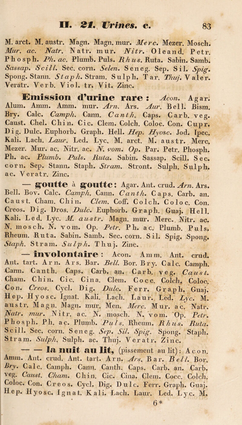 M. arct. M. austr. Magn. Magn. mur. Me r c. Mezer. Mosch. Mur. ac. Natr. Natr. mur. Nitr. Ole and. Petr. P li o s p h. Plu ac. Plumb. Puis. R h us. Ruta. Sabin. Samb. Sassap. Scill. Sec. corn. Selen. Seneg. Sep. S il. Spig. Spong. Stann. Stap/u Stram. Sulpli. T ar. Thuj. Y ale r. Veratr. Yerb. Yiol. tr. Vit. Zinc. émission d’urine rare s Acon. Agar. Aluni. Amm. Amm. mur. Am. Ars. Aur. Bell. Bism. Bry. Cale. Camph. Cann. Canth, Caps. Car b. veg. Caust. Cbel. Cliin. Cic. Clem. Colcli. Coloc. Con. Cupr. D i g. Dulc. Euphorb. Grapb. Hell. Hep. Hyosc. Jod. Ipec. Kali. Lacb. Laur. Led. Lyc. M. arct. M. austr. Merc. Mezer. Mur. ac. Nitr. ac. N. vom. Op. Par. Petr. Phosph. Pli. ac. Plumb. Puis. Ruta. Sabin. Sassap. Scill. Sec. corn. Sep. Stann. Stapb. Stram. Stront. Sulpli. Sulph. ac. Veratr. Zinc. —* gOUtte à gOUttC t Agar. Ant. crud. Arn. Ars. Bell. Bov. Cale. Camph. Cann. Canth. Caps. Carb. an. Caust. Cham. Cliin. Clem. Coff. Colcb. Coloc. Con. Creos. Di g. Dros. Dulc. Eupborb. Graph. Guaj. Hell. Kali. Led. Lyc. M. austr. Magn. mur. Merc. Nitr. ac. N. mosch. N. vom. Op. Petr. P b. ac. Plumb. Puis. Rbeum. Ruta. Sabin. Samb. Sec. corn. S il. Spig. Spong. Staph. Stram. Sulph. Tbuj. Zinc. — Involontaire t Acon. Amm. Ant. crud. Ant. tart. Arn. Ars. Bar. Bell. Bor. Bry. Cale. Camph. Cann. Cantb. Caps. Carb. an. Carb. veg. Caust. Cham. Cbin. Cic. Cina. Clem. Cocc. Colch. Coloc. Con. Creos. Cycl. Di g. Dulc. Ferr. Grâpb. Guaj. Hep. Hyosc. Ignat. Kali. Lacb. Laur. Led. Lyc. M. austr. Magn. Magn. mur. Men. Merc. Mur. ac. Natr. Natr. mur. Nitr. ac. N. mosch. N. vom. Op. Petr. Pliosph. P h. a c. Plumb. Pu l s. Rbeum. R h u s. Ruta. Scill. Sec. corn. Seneg. Sep. SU. Spig. Spong. Stapb. Stram. Sulph. Sulph. ac. Tbuj. Veratr. Z i n c. — — la nuit au lît9 (pissement au lit) : Acon. Amm. Ant. crud. Ant. tart. Arn. Ars. Bar. Bell. Bor. Bry. Cale. Camph. Cann. Canth. Caps. Carb. an. Carb. veg. Caust. Cham. Cbin. Cic. Cina. Clem. Cocc. Colch. Coloc. Con. Creos. Cycl. Dig. Dulc. Ferr. Grapb. Guaj. Hep. Hyosc. Ignat. Kali. Lacb. Laur. Led. Lyc. M. 6*