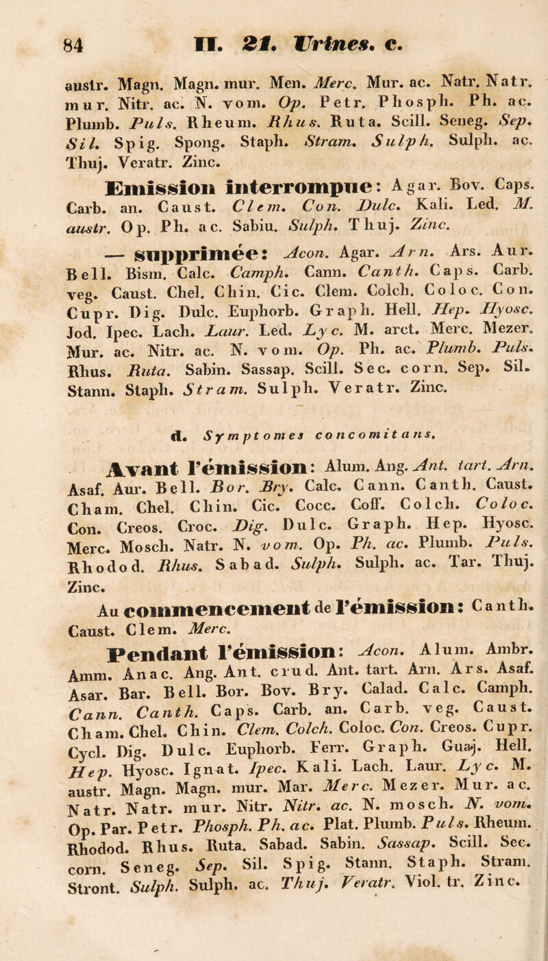 austr. Magn. Magn. mur. M en. Mer c. Mur. ac. Natr. Natr. mur. Nitr. ac. N. vom. Op. Petr. Phospli. Ph. ac. Plumb. Puis. R h eu ni. Rhus. Rut a. Scill. Seneg. Sep. SU. Spig. Spong. Staph. Stram. Sulph. Sulph. ac. Thuj. Veratr. Zinc. Ëmi^^ioii Interrompue: Agar. Eov. Caps. Carb. an. Caust. Clem. Con. Dulc. Kali. Led. M. austr. Op. P h. ac. Sabiu. Sulph. Thuj. Zinc. «— supprimée: Acon. Agar. Arn. Ars. Aur. Bell. Bism. Cale. Camph. Cann. Canth. Caps. Carb. veg. Caust. Chel. Cliin. Cic. Clem. Colcb. Col oc. Con. Cupr. Di g. Dulc. Eupborb. Grapli. Hell. Hep. Hyosc. Jod. Ipec. Lach. P aur. Led. Ly c. M. arct. Merc. Mezer. Mur. ac. Nitr. ac. N. vom. Op. Pli. ac. Plumb. Puis. Rlius. Muta. Sabin. Sassap. Scill. Sec. corn. Sep. Sil. Stann. Staph. Stram. Sulph. Veratr. Zinc. d. Symptômes co ne omit a ns. Avant rémission: Alum. Ang.Ant. tart.Arn. Asaf. Aur. Bell. B or. Bry. Cale. Cann. Canth. Caust. C h a ni, Chel. Ch in. Cic. Cocc. Coll. Col ch. Coloc. Con. Creos. Croc. JDig. Dulc. Graph. Hep. Hyosc. Merc. Mosch. Natr. N. vom. Op. Ph. ac. Plumb. Puis. Rhodod. Rhus. Sabad. Sulph. Sulph. ac. Tar. Thuj. Zinc. Au commencement de l’émission : c a n t li. Caust. Clem. Merc. Pendant rémission: Acon. Aluni. Ambr. Amm. Anac. Ang. Ant. crud. Ant. tart. Arn. Ars. Asaf. Asar. Bar. Bell. Bor. Bov. Bry. Calad. Cale. Camph. Cann. Canth. Caps. Carb. an. Carb. veg. Caust. Cham. Chel. Chili. Clem. Colch. Coloc. Con. Creos. Cupr. Cycl. Dig. Dulc. Euphorb. Eerr. Graph. Gua.j. Hell. Hep. Hyosc. Ignat. Ipec. Kali. Lach. Laur. Ly c. M. austr. Magn. Magn. mur. Mar. Merc. Mezer. Mur. a c. Natr. Natr. mur. Nitr. Nitr. ac. N. mosch. N. vom. Op. Par* Petr. Phosph. Ph. ac. Plat. Plumb. Puls. Rheum. Rhodod. Rhus. Ruta. Sabad. Sabin. Sassap. Scill. Sec. corn. Seneg. Sep. Sil. Spig. Stann. Staph. Stram. Stront. Sulph. Sulph. ac. Thuj. Per air. Viol.tr, Zinc.