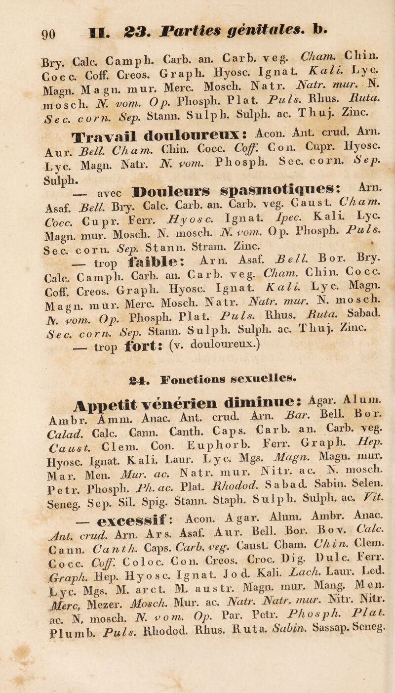 Bry. Cale. Camp h. Carb. an. Car b. veg. Cham. Chili. Cocc. Coif. Creos. Graph. Hyosc. Ignat. K al i. Lyc. Ma<m. Magn. mur. Merc. Mosch. Natr. Natr. mur. N. mo°s ch. N. vom. O p. Pliosph. Plat Puis. Rlius. Buta. Sec. corn. Sep. Stann. Sulph. Sulph. ac. Tbup Zinc. Travail doulonrenx* Acon. Ant. crud. A™. Aur. Bell. Cham. Cliin. Cocc. Coff. Cou. Cupr. Hyosc. Lyc. Magn. Natr. N. vom. Phospli. Sec. corn. Sep. -— avec Douleur spasmotiques: Am. Asaf. Bell. Bry. Cale. Carb. an. Carb. veg. Caiist. Cham. Cocc. C u p r. JFerr. Hyosc. Ignat. lpec. K al 1. Lyc. Magn. mur. Moscb. N. moseb. N. vom. Op. Phosph. luis. Sec. corn. Sep. Stann. Stram. Zinc. — trop faible: Arn. Asaf. Bell. B or. Bry. Cale. Camp b. Carb. an. Carb. veg. Cham. Cbm. Cocc. Coff. Creos. Grapb. Hyosc. Ignat. Kali. Lyc. Magn. Magn. mur. Merc. Moscb. Natr. Natr. mur. N. moscb. iV. vom. Op. Pliosph. Plat. Puis. Bbus. Buta. Sabad, Sec. corn. Sep. Stann. Sulph. Sulph. ac. Thuj. Zinc. — trop fort: (v. douloureux.) 84t. Fonctions sexuelles. Appétit vénérien diminue: Agar. Alum. Ambr. A mm. Anac. Ant. crud. Arn. Bar. Bell. B or. Calad. Cale. Cann. Cantb. Caps. Carb. an. Carb. veg. Caust. Clem. Con. Eupborb. Ferr. Grapb. Hep. Hvosc. Ignat. Kali. Laur. Lyc. Mgs. Magn. Magn. mur. Mar. Men. Mur. ac. Natr. mur. Nitr. ac. N. moscb. Petr. Pliosph. Ph. ac. Plat. Bhodod. Sabad. Sabm. Selen. Seneg. Sep. Sil. Spig. Stann. Stapli. Sulph. Sulpli. ac. Vil. tfxiteessif : Acon. Agar. Alum. Ambr. Anac. Ant. crud 1Z 1rs. Asaf. Aur. Bell. Bor. Bov. Cale. Cann. Canth. Caps .Carb. veg. Caust. Cham. Chin. Clem. Cocc. Coff. Coloc. Con. Creos. Croc. I) i g. Du le. berr. Graph. Hep. Hyosc. Ignat. J o d. Kab. Lach.-Laur. Le . Lyc. Mgs. M. arct. M. austr. Magn. mur. Mang. Men. Merc, Mezer. Mosch. Mur. ac. Natr. Natr. mur. Mtr. Nitr. ac. N. moscb. N. vom. Op. Par. Petr. Pliosph, Plat. Plumb. Puis. Bhodod. Bbus. Buta. Sabin. Sassap. Seneg.