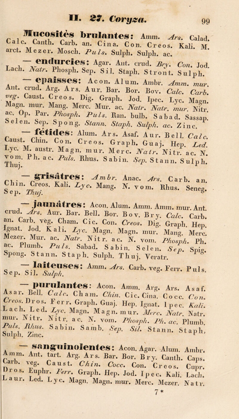 r 1 ^ni*aî^es : Amm, Ars. Calad. ale CarUh. Carb. an. Cina. Con. Creos. Kali. M. arct. Mezer. Mosch. Puis. Sulph. Sulph. ac. _ , endurcies : Agar. Ant. crud. J3ry. Con. Jod ach. Natr. Phosph. Sep. Sil. Staph, Stront,. Sulph. épaisses: Acon. Alum. Ambr. Amm. mur. Ant. crud. Arg. Ars. Aur. Bar. Bor. Bov. Cale. Carb. veg. Caust. Creos. Dig. Grapli. Jod. Ipec. Lyc. Magn. Magn. mur. Mang. Merc. Mur. ac. Natr. Natr. mur. Mtr ac. Op. Par. Phosph. Puis. Ran. bulb. Sabad. Sassap. Selen. Sep.^Spong. Stann. Staph. Sulph. ac. Zinc. r r: AW Ars- Asaf- Al|r- Bell. Cale. T™ ;/11; C°IU Creos- Graph. Guaj. Hep. Zed. Lyc. M. austr. Magn. mur. Merc. Natr. Nitr! ac. N. vom. PL ac. Puis. Rhus. Sabin. Sep. Stann. Sulph. - grisâtres: Ambr. Anac. Ars. Carb. an. « •.A1605- Ka i‘ Ly°- Mang- N- vom, Rhus. Seneg. Sep. Thuj. & JrlHIlïltrCS t Acon. Alum. Amm. Amm. mur Ant crud Ars. Aur Bar. Bell. Bor. Bov. Br y. Cale. Carb! an. Carb. veg. Cham. Cic. Con. Creos. Dig. Graph. Hep Ignat. Jod. Kali. Lyc. Magn. Magn. mur. Mang. Merc! Mezer. Mur. ac. Natr. Nitr. ac. N. vom. Phosph. Pli. ac. Plumb. Pu/s. Sabad. Sabin. Selen. Sep. Spm. Spong. Stann. Staph. Sulph. Thuj. Veratr. ° Sen^-fact?'?SeS: A'nm- Ars- Carb. veg. Ferr. Puis, oep. tuI. bulp/i. II*',1',lla<<“S'■ Acon. Amm. Arg. Ars. Asaf. As a r. Bell. Cale. Cham. Chin. Cic. Cina. Cocc. Con. /eus. ros. ferr. Graph. Guaj. Hep. Ignat. Ipec. Kali. Lach. Led. Lyc. Magn. Magn. mur. Merc. Natr. Natr. T!' ' tl'- ^ll.r: ac- N- Pàosph. Ph. ac. Plumb. Puis Rhus. Sabin. Samb. Sep. Sil. Stann. Staph, Sulph. Z me. • 1 — sanguinolentes: Acon. Agar. Alum. Ambr. mm. Ant. tart. Arg. Ars. Bar. Bor. Br y. Canlh. Caps. Carb. veg. Caust. Chin. Cocc. Con. Creos. Cupr. I a,?.' fUHhlr' Fer'l Graph’ Hep- J°d- IPeC‘ Kali- Bach. ' 1. Led. Lyc. Magn. Magn. mur. Merc. Mezer. Natr. 7*