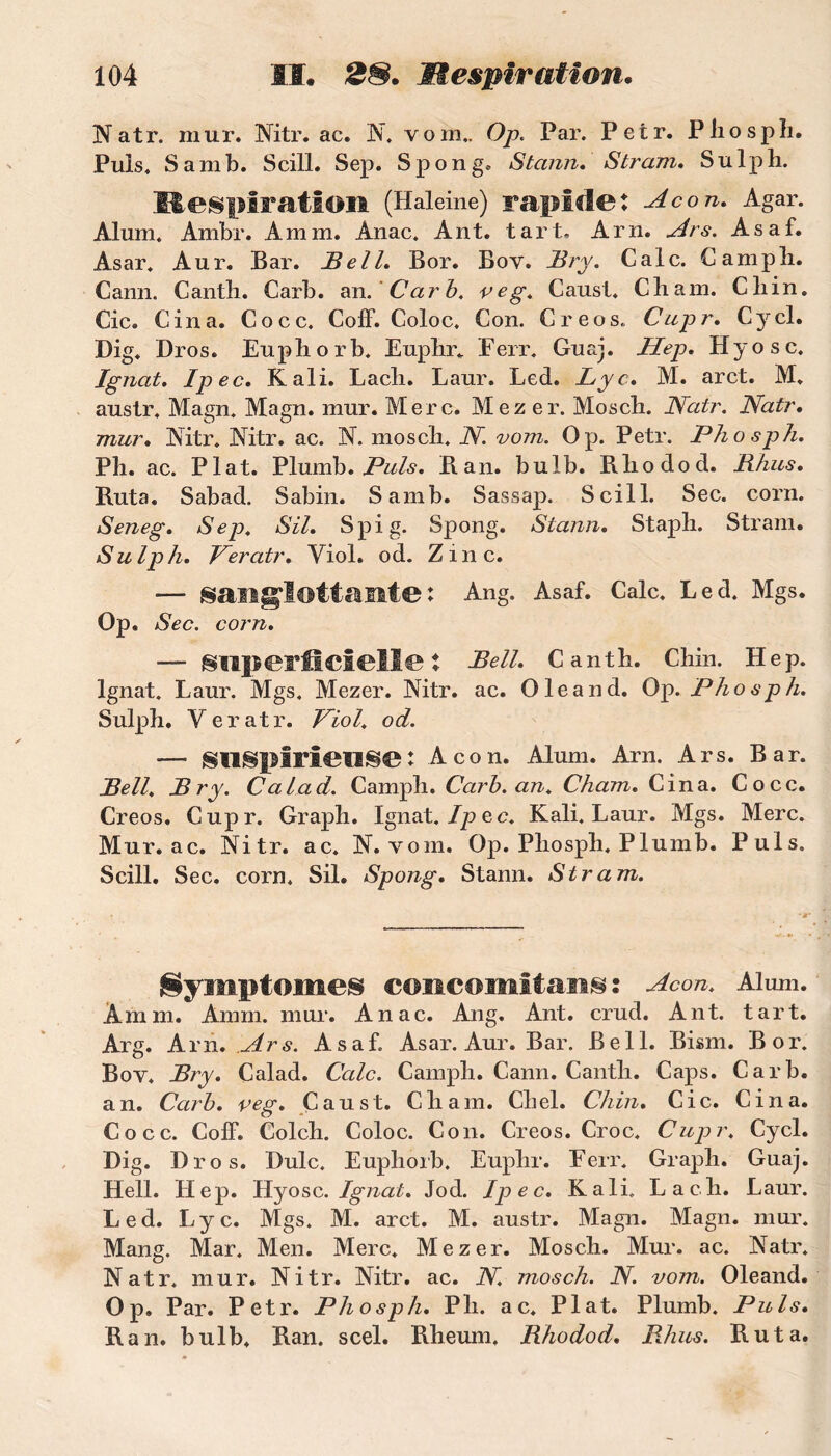 Natr. mur. Nitr. ac. N. vom.. Op. Par. Petr. Pliospli. Puis. Samb. Scill. Sep. Spong. Stann. Stram. Sulph. Mespiration (Haleine) rapide: A con. Agar. Aluni. Anibr. Amm. Anac. Ant. tart. Arn. Ars. Asaf. Asar. Aur. Bar. Bell. Bor. Boy. Bry. Cale. C ampli. Cann. Canth. Carb. an .'Car b, veg. Causl. C lia ni. Cliin. Cic. Cina. Cocc. Coff. Coloc. Con. Creos. Cupr, Cycl. Dig. Dros. Eupborb. Eupbr. Ferr. Guaj. Hep. Hyosc. Ignat. Ipec. K ali. Lacli. Laur. Led. Lyc. M. arct. M. austr. Magn. Magn. mur. Merc. Mez er. Mosch. Natr. Natr. mur. Mtr. Mtr. ac. M mosch. N. vom. Op. Petr. Phosph. Ph. ac. Plat. Plumb. Puis. Ban. bulb. Bliodod. Bhus. Ruta. Sabad. Sabin. Samb. Sassap. Scill. Sec. corn. Seneg. Sep. SU. S pi g. Spong. Stann. Stapli. Stram. Sulph. Per atr. Viol. od. Zinc. — sanglottante: Ang. Asaf. Cale. Led. Mgs. Op. Sec. corn. — superficielle: Bell. Canth. Chin. Hep. Ignat. Laur. Mgs. Mezer. Mtr. ac. O le and. Op. Ph o sp h. Sulph. Ver atr. Piol. od. — suspicieuse : A con. Aluni. Arn. Ars. Bar. Bell. Bry. Calad. Camph. Carb. an. Cham. Cina. Cocc. Creos. Cupr. Graph. Ignat. Ip e c. K ali. Laur. Mgs. Merc. Mur. ac. Nitr. ac. N. vom. Op. Phosph. Plumb. Puis, Scill. Sec. corn, Sil. Spong. Stann. Stram. Symptômes concomitans: Acon. Alum. Amm. Amm. mur. Anac. Ang. Ant. crud. Ant. tart. Arg. Arn. .Ars. Asaf. Asar. Aur. Bar. Bell. Bism. Bor. Boy. Bry. Calad. Cale. Canipli. Cann. Canth. Caps. Carb. an. Carb. veg. Caust. Cham. Chel. Chin. Cic. Cina. Cocc. Coff. Colch. Coloc. Con. Creos. Croc. Cupr. Cycl. Dig. Dros. Dulc. Eupliorb. Euphr. Ferr. Graph. Guaj. Hell. Hep. Hyosc. Ignat. Jod. Ipec. Kali. Lac.h. Laur. Led. Lyc. Mgs. M. arct. M. austr. Magn. Magn. mur. Mang. Mar, Men. Merc, Mezer. Mosch. Mur. ac. Natr. Natr. mur. Nitr. Nitr. ac. N. mosch. N. vom. Oleand. Op. Par. Petr. Phosph. Ph. ac. Plat. Plumb. Puis. Ran. bulb. Ran. scel. Rheum, Bliodod. Bhus. Ruta.