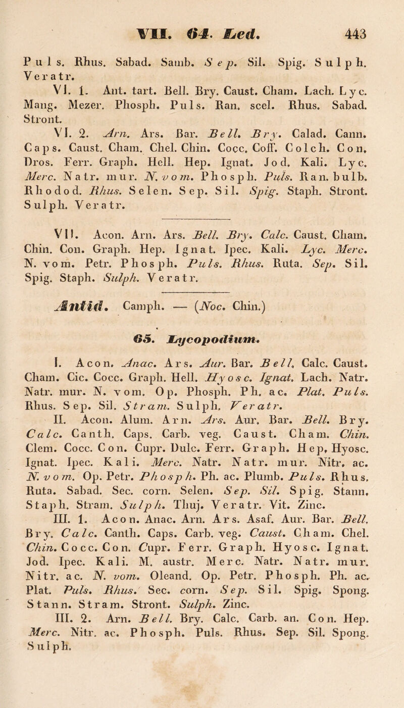 Puis, Rhus. Sabad. Samb. *S’ e p. Sil. Spig. S u 1 p h. V e r a t r. VJ. 1. Ànt. tait. Bell. Bry. Caust. Cliam. Lacli. Lyc. Mang. Mezer. Pliosph. Puis. Ban, scel. Rhus. Sabad. Stront. VI. 2. Arn. Ars. Bar. jBell» Bry. Calad. Cann. \y Caps. Caust. Cliam. Chel. Chin. Coçc, CofF. C o 1 c h. C o n, Bros. Ferr. Graph. Hell. Hep. Ignat. Jod. Kali. Lyc. Merc. N a t r. m u r. 2V. v o m. P h o s p h. Puis. R. a n. b u 1 b, Rhodod. Rhus. Selen. Sep. Sil. Spig. Staph. Stront. Sulpli. Veratr. VU. Acon. Arn. Ars. Bell. Bry. Cale. Caust. Chain. Chin. Con. Graph. Hep. Ignat. Ipec. Kali. Lyc. Merc. N. vom. Petr. Phosph. Puis. Rhus. Ruta. Sep. Sil. Spig. Staph. Sulph. Veratr. Ælltîd. C ampli. — (2Vbc. Chin.) « 65. Æjy co podium» J. Acon. Anac. Ars. Aur. Bar. Bell. Cale. Caust. Chain. Cic. Cocc. Graph. Hell. Hyosc. Ignat. Lach. Natr. Natr. mur. N. yom. O p. Phosph. P h. ac. Plat. Puis. Rhus. Sep. Sil. S tram. Sulph. Veratr. II. Acon. Aluni. Arn. Ars. Aur, Bar. Bell. Bry. Cale. Canth. Caps. Carb. veg. Caust. Cliam. Chin. Clem. Cocc. Con. Cupr. Uulc. Ferr. Graph. Hep, Hyosc. Ignat. Ipec. Kali. Merc. Natr. Natr. mur. Mtr, ac. N. vom. Op. Petr. Phosph. Ph. ac. Plumb. Puis. Rhus, Ruta. Sabad. Sec. corn. Selen. Sep. Sil. Spig. Stann, S t ap h. Stram. Sulp h. Thuj. V e r a tr. Vit. Zinc. III. 1. Acon. Anac. Arn. Ars. Asaf. Aur. Bar. Bell. Bry. Cale. Canth. Caps. Carb. veg. Caust. Chain. Chel. Chin. Cocc. Con. Cupr. Ferr. Graph. Hyosc. Ignat, Jod. Ipec. Kali. M. austr. Merc. Natr. Natr. mur. Nitr. ac. N. vom. Oleand. Op. Petr. Phosph. Ph. ac^ Plat. Puis. Rhus. Sec. corn. Sep. Sil. Spig. Spong. Stann. Stram. Stront. Sulph. Zinc. III. 2. Arn. Bell. Bry. Cale. Carb. an. Con. Hep. Merc. Nitr. ac. Phosph. Puis. Rhus. Sep. Sil. Spong. S u i p h.