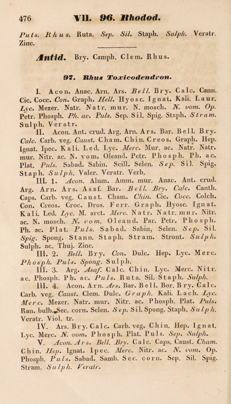 Puis. M h u s. Ruta. Sep. SU. Stapli. Sulph. Veratr. Zinc. rfintîd* Bry. Campli. Cl em. R îi u s. 97, JRhus Voacicodendron• I. Acon. Anac. Arn. Ars. Bell. Bry. Cale. Cann. Cic. Cocc. Con. Grapli. Hell. Hyosc. Ignat. Kali. Laur. Lyc. Mezei\ Natr. Natr. mur. N. moscli. N. vom. Op. Petr. Phosph. Ph. ac. Puis. Sep. S il. Spig. Stapli. S tram. Sulph. Veratr. II. Acon. Ant. crud. Arg. Arn. Ars. Bar. Bell. Bry. Cale. Carb. veg. Caust. Chain. Chin. Creos. Graph. Hep. Ignat. Ipec. Kali. Led. Lyc. Merc. Mur. ac. Natr. Natr. mur. Nitr. ac. N. vom. Oleand. Petr. Phosph. Ph. ac. Plat. Puis. Sabad. Sabin. Scill. Selen. Sep. S il. Spig. Staph. Sulph. Valer. Veratr. Verb. IiL 1. Acon. Alum. Amm. mur. Anac. Ant. crud. Arg. Arn. Ars. Asaf. Bar. Bell. Bry. Cale. Canth. Caps. Carb. veg. Caust. Chain. Chin. Cic. Cocc. Col ch. Con. Creos. Croc. Bros. Ferr. Graph. Hyosc. Ignat. Kali. Led. Lyc. M. arct. Merc. Natr. Natr. mur. Nitr. ac. N. mosch. N. vom. O 1 eand. Par. Petr. Phosph. Ph. ac. Plat. Puis. Sabad. Sabin, Selen. Sep. SU. Spig. Spong. Stann. Staph. S tram. Stront. Sulph. Sulph. ac. Thuj. Zinc. IIL 2. Bell. Bry. Con. Dulc. Hep. Lyc. Merc. Phosph. Puis. Spong. Sulph. III. 3. Arg. Asaf. Cale. Chin. Lyc. Merc. Nitr. ac. Phosph. P h. ac. Puis. Ruta. Sil. Staph. Sulph. III. 4. Acon. Arn. Ars. Bar. Bell. Bor. Bry. Cale. Carb. veg. Caust. Clem. Dulc. Graph. Kali. La ch. Lyc. Merc. Mezer. Natr. mur. Nitr. ac. Phosph. Plat. Puis. Ran. bulb.«Sec. corn. Selen. Sep. Sil. Spong. Staph. Sulph. Veratr. Viol. tr. IV. Ars. B r y. C a 1 c. Carb. veg. C h i n. Hep. I g n a t. Lyc. Merc. N. vom. Phosph. Plat. Puis. Sep. Sulph. V. Acon. A r s. Bell. Bry. Cale.'Caps, Caust. Cham. Chin. Hep. Ignat. Ipec. Merc. Nitr. ac. N. vom. Op. Phosph. Puis. Sabad. Samb. Sec. corn. Sep. Sil. Spig. S tram. S u l p h. Peratr.