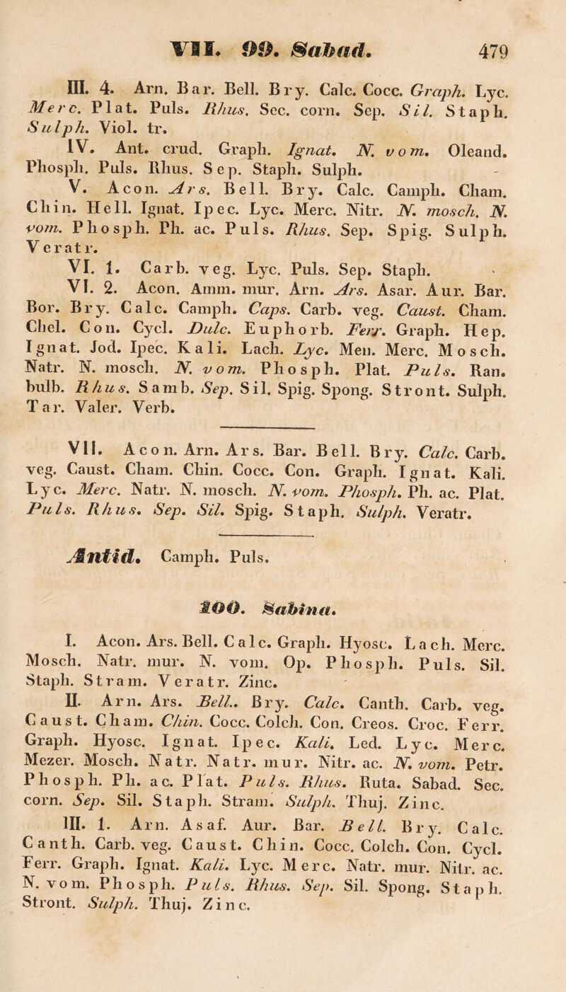 III. 4. Arn. Bar. Bell. Br y. Cale. Cocc. Graph. L}^c. Merc. Plat. Puis, Rhus. Sec. corn. Sep. SU. Staph. S ulp h. Yiol. tr. IV. Ant. crud. Grapli. Ignat. N. vom. Oleand. Pliospli. Puis. Rlms. Sep. Stapli. Sulpli. V. Acon. Ars. Bell. Br y. Cale. Campli. Cliam. Cliin. Hell. Ignat. Ipec. Lyc. Merc. Nitr. N. mosch. N. vom. P li o sph. Ph. ac. Puis. Rhus. Sep. Spig. Sulph. V eratr. VI. 1. Car b. veg. Lyc. Puis. Sep. Stapli. VI. 2. Acon. A ni ni. mur. Arn. Ars. Asar. Aur. Bar. Bor. Br y. Cale. Campli. Caps. Carb. veg. Caust. Cbam. Cbel. Con. Cycl. Dulc. Euphorb. Ferj\ Grapli. Hep. Ignat. Jod. Ipec. K ali. Lacli. Lyc. Men. Merc. Moscïi. Natr. N. moscli. N. vom. Pli os pli. Plat. Puis. Ram bulb. Rhus. Samb. Sep. Sil. Spig. Spong. Stront. Sulph. Tar. Valer. Verb. VII. Acon. Arn. Ars. Bar. Bell. Bry. Cale. Carb. veg. Caust. Chain. Chin. Cocc. Con. Graph. Ignat. Kali. Lyc. Merc. Natr. N. mosch. N. vom. Phosph. Ph. ac. Plat. Puis. Rhus. Sep. Sil. Spig. Staph. Sulph. Veratr. Æfltîd. Camph. Puis. &OÙ. Sahinit. I. Acon. Ars. Bell. C a 1 c. Graph. H}ose. La ch. Merc. Mosch. Natr. mur. N. vom. Op. Phosph. Puis. Sil. Staph. St ram. Y eratr. Zinc. H. Arn. Ars. Bell. Br y. Cale. Canth. Carb. veg. Caust. Cham. Chiu. Cocc. Colch. Con, Creos. Croc. Eerr Graph. Hyosc. Ignat. Ipec. Kali. Led. Lyc. Merc. Mezer. Mosch. Natr. Natr. mur. Nitr. ac. N. vom. Petr. Phosph. P h. ac. Plat. Puis. Rhus. Ruta. Sabad. Sec. corn. Sep. Sil. Staph. Stram. Sulph. Thuj. Zinc. III. 1. Arn. Asaf. Aur. Bar. Bell. Br y. Cale. Canth. Carb. veg. Caust. Chin. Cocc. Colch. Con. Cycl. Ferr. Graph. Ignat. Kali. Lyc. Merc. Natr. mur. Nitr. ac. N. v o m. P h o s p h. P u l s. Rhus. Sep. Sil. Spong. S t a p h. Stront. Sulph. Thuj. Zinc.