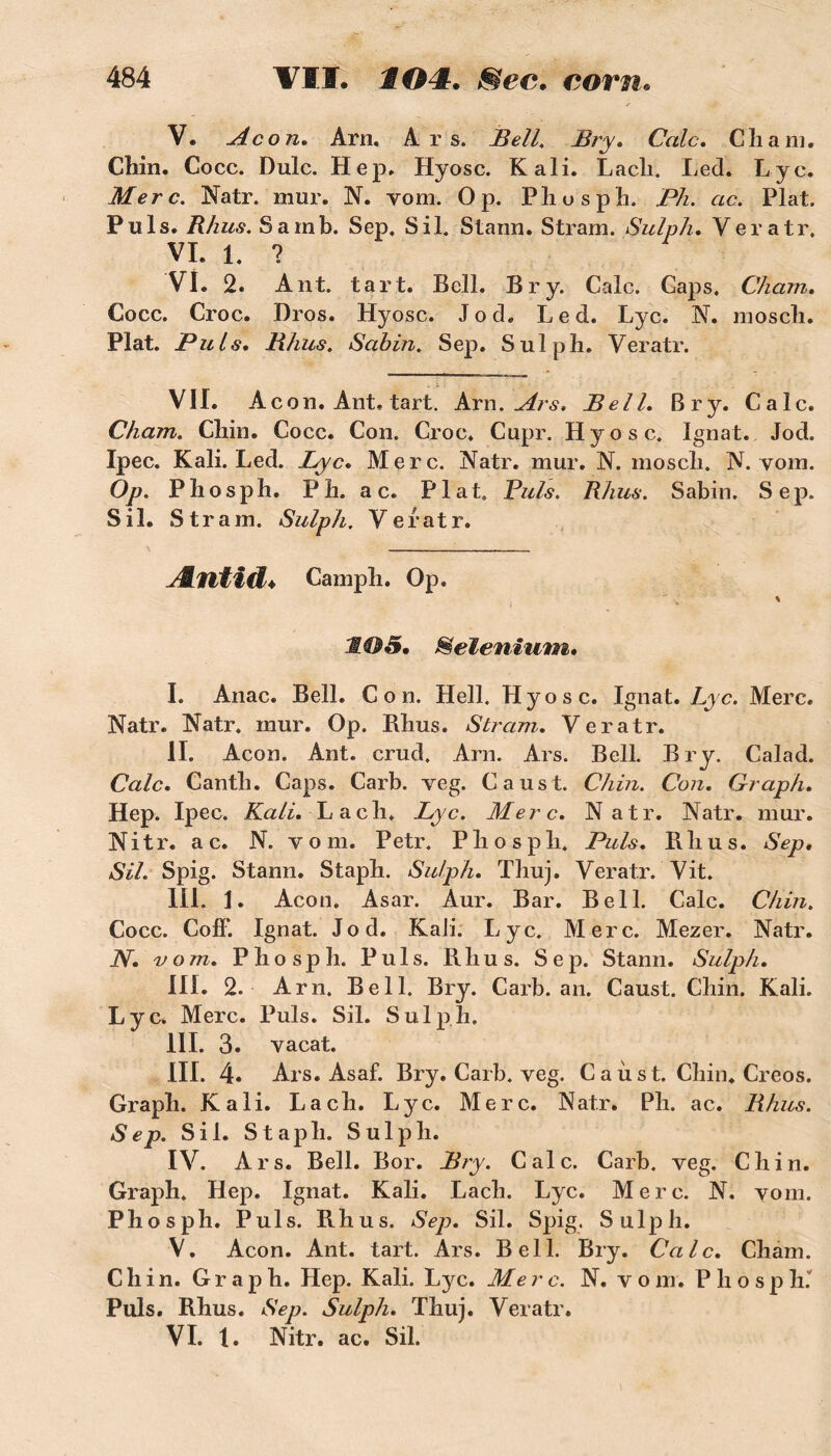 V. Mc on. Àrn. ârs, Bell. Bry. Cale. Cham. Chin. Cocc. Dulc. Hep. Hyosc. K ali. Lach. Led. Lyc. Merc. Natr. mur. N. vom. O p. Phosph. Ph. ac. Plat. Puis. Rhus. Samb. Sep. Sil. Stann. Stram. Sulph. Veratr. VL 1. ? VI. 2. Ant. tart. Bell. Br y. Cale. Caps. Cham. Cocc. Croc. Bros. Hyosc. Jod. Led. Lyc. N. mosch. Plat. Puis. Rhus. Rabin. Sep. Sulph. Veratr. VII. À c on. Ant, tart. Arn. Mrs» Bell. Br y. Cale. Cham. Chin. Cocc. Con. Croc. Cupr. Hyosc. Ignat. Jod. Ipec. Kali. Led. Lyc» Merc. Natr. mur. N. mosch. IV. vom. Op. Phosph. P h. a c. Plat. Buis. Rhus. Sabin. Sep. Sil. Stram. Sulph. Veratr. Camph. Op. « lOS. Sélénium. I. Anac. Bell. Con. Hell. Hyosc. Ignat. Lyc. Merc. Natr. Natr. mur. Op. Rhus. Stram. Veratr. II. Acon. Ant. crud. Arn. Ars. Bell. Bry. Calad. Cale. Cantli. Caps. Carb. veg. Caust. Chin. Con. Graph. Hep. Ipec. Kali. La ch. Lyc. Merc. Natr. Natr. mur. Nitr. ac. N. vom. Petr. Phosph. Puis. Pihus. Sep. Sil. Spig. Stann. Staph. Sulph. Thuj. Veratr. Vit. III. 1. Acon. Asar. Aur. Bar. Bell. Cale. Chin. Cocc. Cofî*. Ignat. Jod. Kali. Lyc. Merc. Mezer. Natr. N. vom. Phosph. Puis. Rhus. Sep. Stann. Sulph. III. 2. Arn. Bell. Bry. Carb. an. Caust. Chin. Kali. Ly c. Merc. Puis. Sil. Sulph. III. 3. vacat. III. 4. Ars. Asaf. Bry. Carb. veg. C a ù s t. Chin. Creos. Graph. Kali. La ch. Lyc. Merc. Natr. Ph. ac. Rhus. Sep. Sil. Staph. Sulph. IV. Ars. Bell. Bor. Bry. Cale. Carb. veg. Chin. Graph. Hep. Ignat. Kali. Lach. Lyc. Merc. N. vom. Phosph. Puis. Rhus. Sep. Sil. Spig. Sulph. V. Acon. Ant. tart. Ars. Bell. Bry. Cale. Cham. Chin. Graph. Hep. Kali. Lyc. Mer c. N. v o m. P h o s p lu Puis. Rhus. Sep. Sulph. Thuj. Veratr. VI. 1. Nitr. ac. Sil.