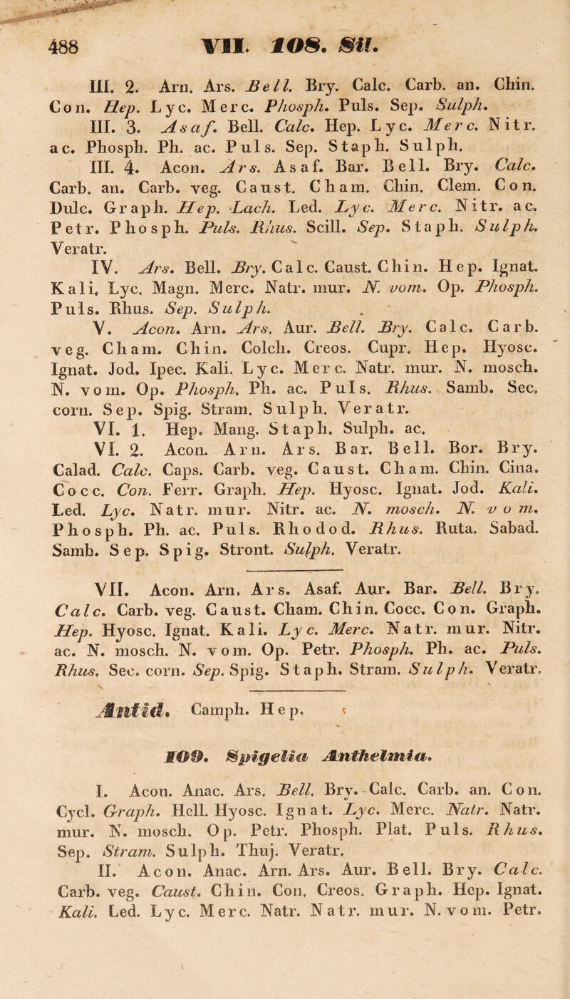 III. 2. Arn, Ars. Bell. Bry. Cale. Carb. an. Chin. Con. Hep. Lyc. Merc. Phosph. Puis. Sep. Sulph. III. 3. Asaf\ Bell. Cale. Hep. Lyc. Merc. Nitr. ac. Phosph. Ph. ac. Puis. Sep. Staph. Sulph. III. 4. Acon. Ars. Asaf. Bar. Bell. Bry. Cale. Carb. an. Carb. veg. Caust. Chain, Chin. Clem. Con. Dulc. Graph. Hep. Lach. Led. Lyc. Merc. Nitr. ac. Petr. Phosph. Puis. B!lus. Scill. Sep. Staph. Sulph. Veratr. IV. Ars. Bell. Bry. Cale. Caust. Chin. Hep. Ignat. Kali. Lyc. Magn. Merc. Natr. mur. N. vont. Op. Phosph. Puis. Bhus. Sep. Sulph. V. Acon. Arn. Ars. Aur. Bell. Bry. Cale. Carb. veg. Cliam. G h in. Colcli. Creos. Cupr. Hep. Hyosc. Ignat. Jod. Ipec. Kali. Lyc. Merc. Natr. mur. N. mosch. N. vom. Op. Phosph. Ph. ac. Puis. Bhus. Sarnb. Sec. corn. Sep. Spig. Stram. Sulph, Veratr. VI. 1. Hep. Mang. Staph. Sulph. ac. VI. 2. Acon. Arn. Ars. Bar. Bell. Bor. Bry. Calad. Cale. Caps. Carb. veg. Caust. Chain. Chin. Cina, Cocc. Con. Ferr. Graph. Hep. Hyosc. Ignat. Jod. Kali. Led. Lyc. Natr. mur. Nitr. ac. N. mosch. N. v o m. Phosph. Ph. ac. Puis. Rhodod. Bhus. Ruta. Sabad. Samb. Sep. Spig, Stront. Sulph. Veratr. VIL Acon. Arn. Ars. Asaf. Aur. Bar. Bell. Bry. Cale. Carb. veg. Caust. Cham. Chin. Cocc. Con. Graph. Hep. Hyosc. Ignat. Kali. Lyc. Merc. Natr. mur. Nitr. ac. N. mosch. N. vom. Op. Petr. Phosph. Ph. ac. Puis. Rhus. Sec. corn. Sep. Spig. Staph. Stram. Sulph. Veratr. Æntid* Camph. Hep. t 109. Spigelia Ænthelmia• I. Acon. Anac. Ars, Bell. Brv.-Cale. Carb. an. Con. Cycl. Graph. Hell. Hyosc. Ignat. Lyc. Merc. Natr. Natr. mur. N. mosch. Op. Petr. Phosph. Plat. Puis. Rhus. Sep. Stram. Sulph. Thuj. Veratr. II. Acon. Anac. Arn. Ars. Aur. Bell. Bry. Cale. Carb. veg. Caust. Chin. Con, Creos. Graph. Hep. Ignat. Kali. Led. Lyc. Merc. Natr. Natr. mur. N. vom. Petr.