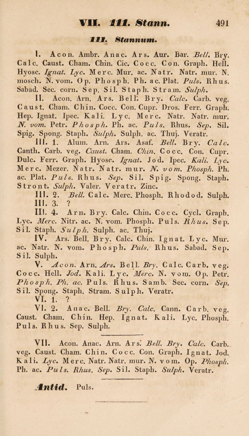 111. Stannuni. I. Acon. Ambr. Anac. Ars. Aur. Bar. Bell, Bry. Cale, Caust. Cham. Chin. Cic. Cocc, Cou. Grapli. Hell. Hyosc. Igjiat. Lyc. Merc. Mur. ac. Natr. Natr. mur. N. moscli. N. vom. O p. Pliospb. Pli. a c. Plat. Puis. Blius. Sabad. Sec. corn. Sep. S il. Stapli. S tram. Sulph. II. Acon. Arn. Ars. Bell'. Bry. Cale. Carb. veg. Caust. Cbam. Cliin. Cocc. Con. Cupr. Bros. Ferr. Graph. Hep. Ignat. Ipec. K ali. Lyc. Merc. Natr. Natr. mur. N. vom. Petr. P ho s pli. Pli. ac. Puis. Bhus. Sep. Sil. Spig. Spong. Stapb. Sulph. Sulph. ac. Thuj. Yeratr. III. 1. Aluni. Arn. Ars. Asaf. Bell. Bry. Cale. Canth. Carb. veg. Caust. Cham. Chin. Cocc. Con. Cupr. Dulc. Ferr. Graph. Hyosc. Ignat. Jod. Ipec. Kali. Lyc+ Merc. Mezer. Natr. Natr. mur. N. vom. Phosph. Ph. ac. Plat. Puis. Bhus. Sep. Sil. Spig. Spong. Staph. Stront. Sulph. Valer. Yeratr. Zinc. III. 2. Bell. Cale. Merc. Phosph. Rhodod. Sulph. III. 3. ? II!. 4. Arn. Bry. Cale. Chin. Cocc. Cycl. Graph. Lyc. Merc. Nitr. ac. N. vom. Phosph. Puis. Bhus. Sep. Sil. Staph. Sulph. Sulph. ac. Thuj. IV. Ars. Bell. Bry. Cale. Chin. I g n a t. Lyc. Mur. ac. Natr. N. vom. Phosph. Puis. Bhus. Sabad» Sep. Sil. Sulph. V. Acon. Arn .Ars. Bell. Bry. Cale. Carb. veg. Cocc. Hell. Jod. Kali. Lyc. Merc. N. vom. Op. Petr. Phosph. Ph. ac. Puis. Rhus. Sam b. Sec. corn. Sep. Sil. Spong. Staph. Stram. Sulph. Yeratr. VI. 1. ? VI. 2. Anac. Bell. Bry. Cale. Cann. Carb. veg, Caust. Cham. Chin. Hep. Ignat. Kali. Lyc. Phosph. Puis. Rhus. Sep. Sulph. VII. Acon. Anac. Arn. Ars.' Bell. Bry. Cale. Carb. veg. Caust. Cham. Chin. Cocc. Con. Graph. Ignat. Jod. Kali. Lyc. Merc. Natr. Natr. mur. N. vom. Op. Phosph. Ph. ac. Puis. Rhus. Sep. Sil. Staph. Sulph. Yeratr. JLntid. Puis.