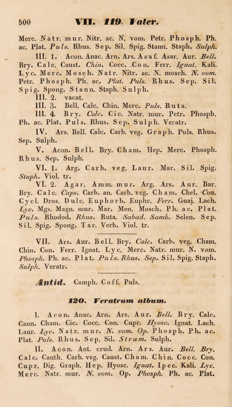 Merc. Natr. mur. Nitr. ac. N. vom. Petr. Phosph. Ph. ac. Plat. Puis. Rhus. Sep. Sil. Spig. Stann. Staph. Sulph. III. 1. Acon. Anac. Arn. Ars. As af. Asar. Aur. Bell. Bry. Cale. Caust. Chln. Cocc. .Con, Ferr. Ignat. Kali. Lyc. Merc. Mosch. Natr. Nitr. ac. N. mosch. N. vom. Petr. Phosph. Pli. ac. Plat. Puis. Rhus. Sep. Sil. Spig. Spong. Stann. Staph. Sulph. III. 2. vacat. III. 3. Bell. Cale. Chin. Merc. Puis. Ru ta. III. 4. Bry. Cale. Cic. Natr. mur. Petr. Phosph. Ph. ac. Plat. Puis. Rhus. Sep. Sulph. Veratr. IV. Ars. Bell. Cale. Carb. veg. Graph. Puis. Rhus. Sep. Sulph. V. Acon. Bell. Bry. Cham. Hep. Merc. Phosph. Rhus. Sep. Sulph. VI. 1. Arg. Carb. veg. Laur. Mar. Sil. Spig. Staph. Viol. tr. VI. 2. Agar. A mm. mur. Arg. Ars. Aur. Bar. Bry. Cale. Caps. Carb. an. Carb. veg. Cham. Chel. Con. Cycl. Dros. Dulc. Euphorb. Euphr. Ferr. Guaj. Lach. L,yc. Mgs. Magn. mur. Mar. Men. Mosch. Ph. a c. Plat. Puis. Rhodod. Rhus. Ruta. Sahad. Samb. Selen. Sep. Sil. Spig. Spong. Tar. Verb. Viol. tr. VII. Ars. Aur. Bell. Bry. Cale. Carb. veg. Cham. Chin. Con. Ferr. Ignat. Lyc. Merc. Natr. mur. N. vom. Phosph. Ph. ac. Plat. Puis. Rhus. Sep. Sil. Spig. Staph. Sulph. Veratr. Æntid. Camph. Coff. Puis. 120. Veratrum album. I. Acon. Anac. Arn. Ars. Aur. Bell. Bry. Cale. Cann. Cham. Cic. Cocc. Con. Cupr. Hyosc. Ignat. Lach. Laur. Lyc. Natr. mur. N. vom. Op. Phosph. P h. ac. Plat. Puis. Rhus. Sep, Sil. S tram. Sulph. II. Acon. Ant. crud. Arn. Ars. Aur. Bell. Bry. Calci Canth. Carb. veg. Caust. Chain. Chin. Cocc. Con. Cupr, Dig. Graph. Hep. Hyosc. Ignat. Ipec. Kali. Lyc. Merc. Natr. mur. N. vom. Op. Phosph. Ph. ac. Plat.