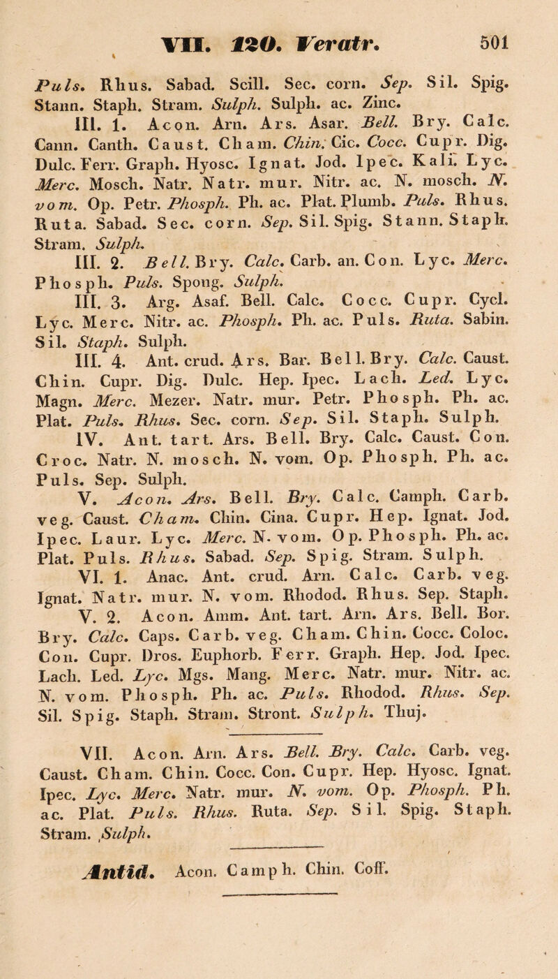 Puis. Rlius. Sabad. Scill. Sec. corn. Sep. S il. Spig. Stann. Staph. Stram. Sulph. Sulpli. ac. Zinc. III. 1. Acon. Arn. Ars. Asar. Bell. Bry. Cale. Cann. Canth. Caust. Cliam. Chin; Cic. Cocc. Cupr. Dig. Dulc. Ferr. Graph. Hyosc. Ignat. Jod. lpec. K ali. Lyc. Merc. Mosch. Natr. Natr. mur. Nitr. ac. N. mosch. N. vont. Op. Petr. P/iosph. Pli. ac. Plut. Plumb. Puis. B h us. Rut a. Sabad. Sec. corn. Sep. S il. Spig. Stann. S tapir. Stram. Sulph. III. 2. Bell. Bry. Cale. Carb. an. Con. Lyc. Merc. P ho s pli. Puis. Spong. Sulph. III. 3. Arg. Asaf. Bell. Cale. Cocc. Cupr. Cycl. Lyc. Merc. Nitr. ac. Phosph. Ph. ac. Puis. Buta. Sabin. S il. Staph. Sulph. III. 4. Ant. crud. Ars. Bar. Bell. Bry. Cale. Caust. Chin. Cupr. Dig. Dulc. Hep, lpec. Lach. Led. Lyc. Magn. Merc. Mezer. Natr. mur. Petr. Phosph. Ph. ac. Plat. Puis. Rhus. Sec. corn. Sep. S il. Staph. Sulph. IV. Ant. tart. Ars. Bell. Bry. Cale. Caust. Con. Croc. Natr. N. mosch. N. vom. Op. Phosph. Ph» ac. Puis. Sep. Sulph. V. Acon. Ars. Bell. Bry. Cale. Camph. Carb. veg. Caust. Cham. Chin. Cina. Cupr. Hep. Ignat. Jod. lpec. Laur. Lyc. Merc. N-vom. O p. Phosph. Ph. ac. Plat. Puis. Rhus. Sabad. Sep. Spig. Stram. Sulph. VI. 1. Anac. Ant. crud. Arn. Cale. Carb. veg. Ignat. Natr. mur. N. vom. Rhodod. Rhus. Sep. Staph. V. 2. Acon. Amm. Ant. tart. Arn. Ars. Bell. Bor. Bry. Cale. Caps. Carb. veg. Cham. Chin. Cocc. Coloc. Con. Cupr. Dros. Euphorb. Ferr. Graph. Hep. Jod. lpec. Lach. Led. Lyc. Mgs. Mang. Merc. Natr. mur. Nitr. ac. N. vom. Phosph. Ph. ac. Puis. Rhodod. Rhus. Sep. Sil. Spig. Staph. Stram. Stront. Sulph. Thuj. VIL Acon. Arn. Ars. Bell. Bry. Cale. Carb. veg. Caust. Cham. Chin. Cocc. Con. Cupr. Hep. Hyosc. Ignat. lpec. Lyc. Merc. Natr. mur. N. vom. Op. Phosph. P h. ac. Plat. Puis. Rhus. Ruta. Sep. Sil. Spig. Staph. Stram. Sulph. ALntid. Acon. Camph. Chin. Coff,