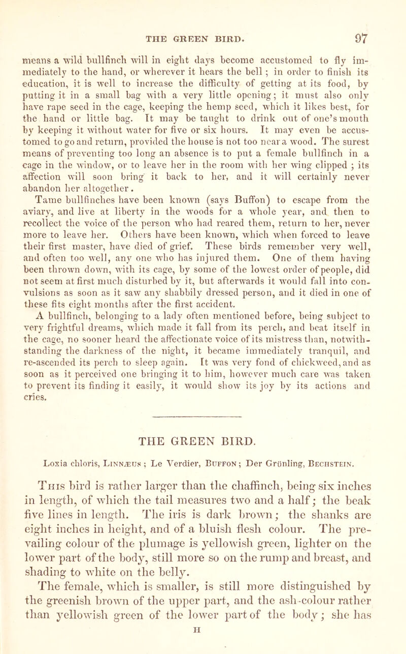 means a wild bullfinch will in eight days become accustomed to fly im- mediately to the hand, or wherever it hears the bell; in order to finish its education, it is well to increase the difficulty of getting at its food, by putting it in a small bag with a very little opening; it must also only have rape seed in the cage, keeping the hemp seed, which it likes best, for the hand or little bag. It may be taught to drink out of one’s mouth by keeping it without w’ater for five or six hours. It may even be accus- tomed to go and return, provided the house is not too near a wood. The surest means of preventing too long an absence is to put a female bullfinch in a cage in the wdndow, or to leave her in the room with her wing clipped ; its affection will soon bring it back to her, and it will certainly never abandon her altogether. Tame bullfinches have been knowm (says Buffon) to escape from the aviary, and live at liberty in the woods for a whole year, and then to recollect the voice of the pemon who had reared them, return to her, never more to leave her. Others have been known, which when forced to leave their first master, have died of grief. These birds remember very well, and often too w’ell, any one who has Injured them. One of tiiem having been thrown down, with its cage, by some of the lowest order of people, did not seem at first much disturbed by it, but afterwards it would fall into con- vulsions as soon as it saw any shabbily dressed person, and it died in one of these fits eight months after the first accident. A bullfinch, belonging to a lady often mentioned before, being subject to very frightful dreams, which made it fall from its percli, and beat itself in the cage, no sooner heard the affectionate voice of its mistress than, notwith- standing the darkness of the night, it became immediately tranquil, and re-ascended its perch to sleep again. It was very fond of chickweed, and as soon as it perceived one bringing it to him, however much care was taken to prevent its finding it easily, it Avould show its joy by its actions and cries. THE GREEN BIRD. Loxia chloris, LinNjEUs ; Le Verdier, Buffon; Der Gruuling, Bechstein. This bird is rather larger than the chaffinch, being six inches in length, of which the tail measures two and a half; the beak five lines in length. The iris is dark brown; the shanks are eight inches in height, and of a bluish flesh colour. The jire- vailing colour of the plumage is yellowish green, lighter on the low'er part of the body, still more so on the rump and breast, and shading to wdiite on the belly. Tlie female, wdiich is smaller, is still more distinguished by the greenish browm of the upper part, and the ash -colour rather than yellowush green of the lower part of the body; she has H