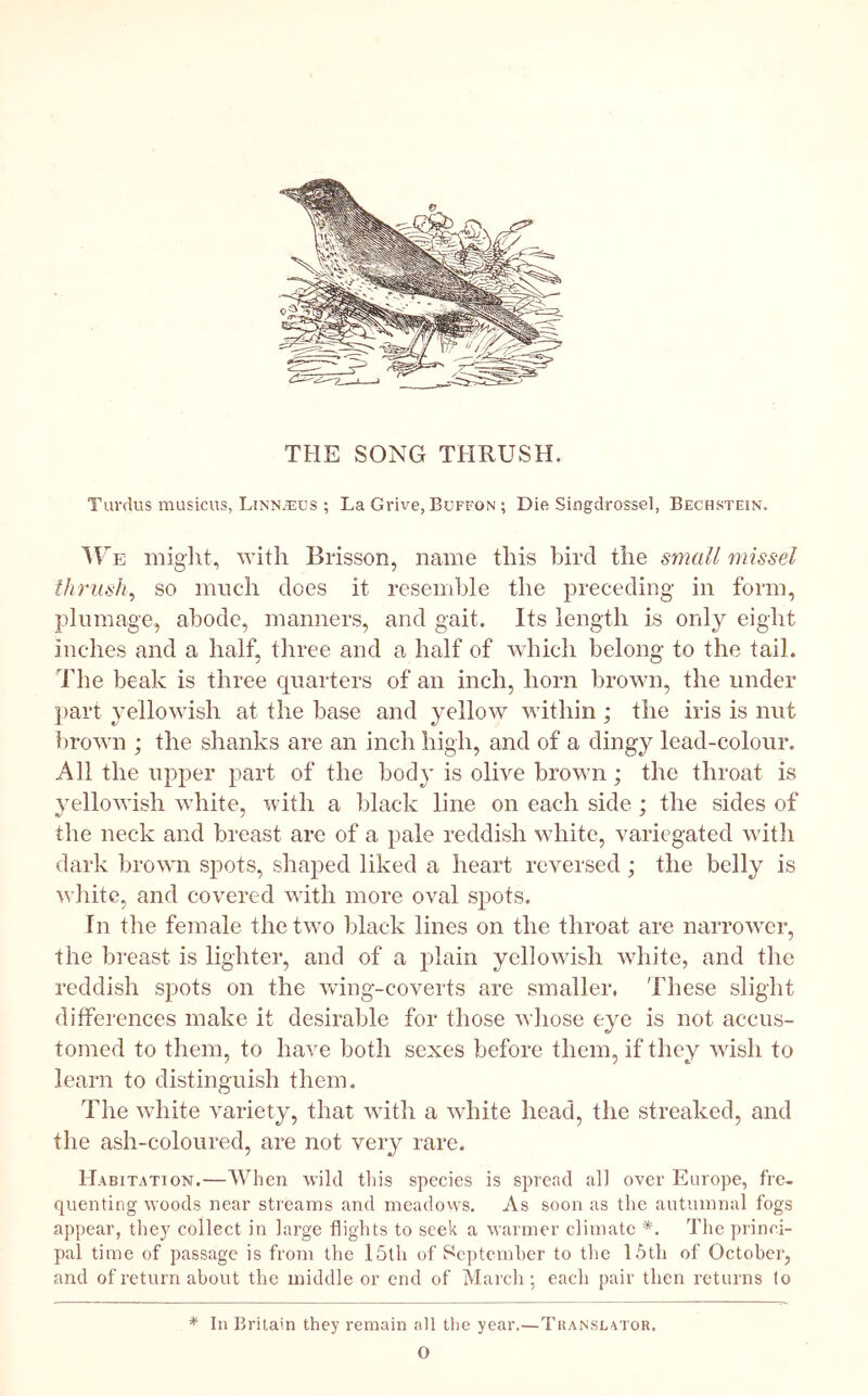 THE SONG THRUSH. Tardus musicus, LiNNiEUS ; La Grive, Buffon ; Die Singdrossel, Bechstein. IUe might, M’ith Biisson, name this bird the small 7mssel thrush^ so mnch does it resemble the preceding- in form, plumage, abode, manners, and gait. Its length is only eight inches and a half, three and a half of which belong to the tail. The beak is three quarters of an inch, horn brown, the under part yellowish at the base and yellow within ; the iris is nut l)rown ; the shanks are an inch high, and of a dingy lead-colour. All the upper part of the body is olive brown; the throat is yellovrish white, with a black line on each side ; the sides of the neck and breast are of a pale reddish wdiite, variegated with dark brown spots, shaped liked a heart reversed ; the belly is wiiite, and covered wdth more oval spots. In the female the two black lines on the throat are narrower, the breast is lighter, and of a j^lain yellowish white, and the reddish spots on the wing-coverts are smaller, These slight differences make it desirable for those wliose eye is not accus- tomed to them, to have both sexes before them, if they wish to learn to distinguish them. The white variety, that wdth a white head, the streaked, and the ash-coloured, are not very rare. Habitation.—When wild this species is spread all over Europe, fre- quenting woods near streams and meadovys. As soon as the autumnal fogs appear, they collect in large flights to seek a warmer climate *. The princi- pal time of passage is from the 15th of September to the 15th of October, and of return about the middle or end of March; each pair then returns to * In Britain they remain all the year.—Translator. O