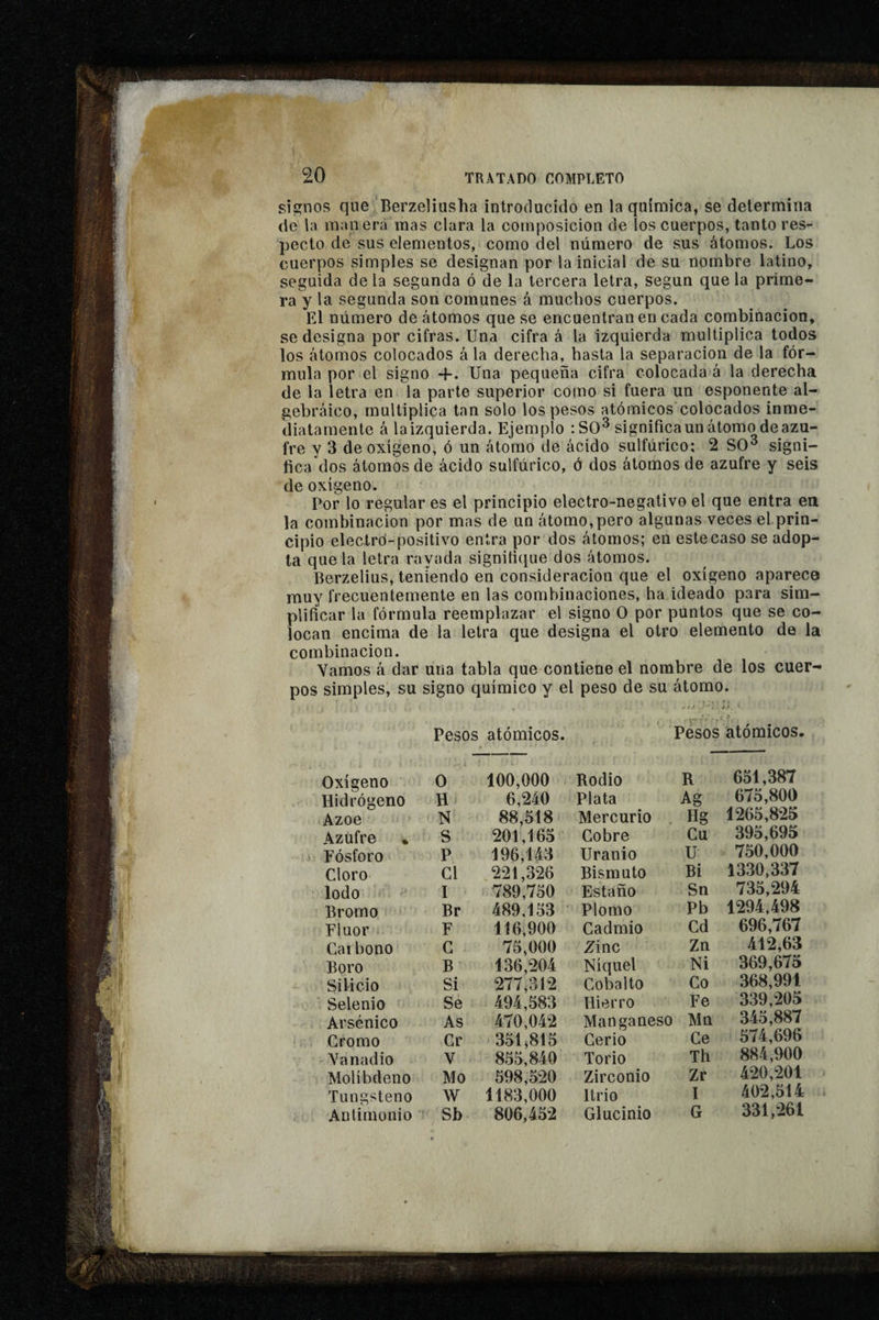 signos que 'Berzeliusha introducido en la química, se determina de la manera mas clara la composición de los cuerpos, tanto res¬ pecto de sus elementos, como del número de sus átomos. Los cuerpos simples se designan por la inicial de su nombre latino, seguida de la segunda ó de la tercera letra, según que la prime¬ ra y la segunda son comunes á muchos cuerpos. El número de átomos que se encuentran en cada combinación, se designa por cifras. Una cifra á la izquierda multiplica todos los átomos colocados á la derecha, hasta la separación de la fór¬ mula por el signo -f-. Una pequeña cifra colocada á la derecha de la letra en la parte superior como si fuera un esponente al- gebráico, multiplica tan solo los pesos atómicos colocados inme¬ diatamente á laizquierda. Ejemplo ; SO^ significa un átomo de azu¬ fre y 3 de oxígeno, ó un átomo de ácido sulfúrico: 2 SO^ signi¬ fica dos átomos de ácido sulfúrico, ó dos átomos de azufre y seis de oxígeno. Por lo regular es el principio electro-negativo el que entra ea la combinación por mas de un átomo, pero algunas veces el prin¬ cipio electro-positivo entra por dos átomos; en este caso se adop¬ ta que la letra rayada signifique dos átomos. Berzelius, teniendo en consideración que el oxígeno aparece muy frecuentemente en las combinaciones, ha ideado para sim¬ plificar la fórmula reemplazar el signo O por puntos que se co¬ locan encima de la letra que designa el otro elemento de la combinación. Yamos á dar una tabla que contiene el nombre de los cuer¬ pos simples, su signo químico y el peso de su átomo. Pesos atómicos. Pesos atómicos. Oxígeno 0 100,000 Rodio R 651,387 Hidrógeno H 6,240 Plata Ag 675,800 Azoe N 88,518 Mercurio Hg 1265,825 Azufre • S 201,165 Cobre Cu 395,695 Fósforo P 196,143 Uranio U 750,000 Cloro Cl 221,326 Bismuto Bi 1330,337 lodo I 789,750 Estaño Sn 735,294 Bromo Br 489,153 Plomo Pb 1294,498 Fluor F 116,900 Cadmio Cd 696,767 Caí bono G 75,000 Zinc Zn 412,63 Boro B 136,204 Níquel Ni 369,675 Silicio Si 277,312 Cobalto Co 368,991 Selenio Se 494,583 Hierro Fe 339,205 Arsénico As 470,042 Manganeso Mn 345,887 Cromo Gr 351,815 Cerio Ce 574,696 Vanadio V 855,840 Torio Th 884,900 Molíbdeno Mo 598,520 Zirconio Zr 420,201 Tungsteno W 1183,000 Itrio I 402,514 Antimonio Sb 806,452 Glucinio G 331,261