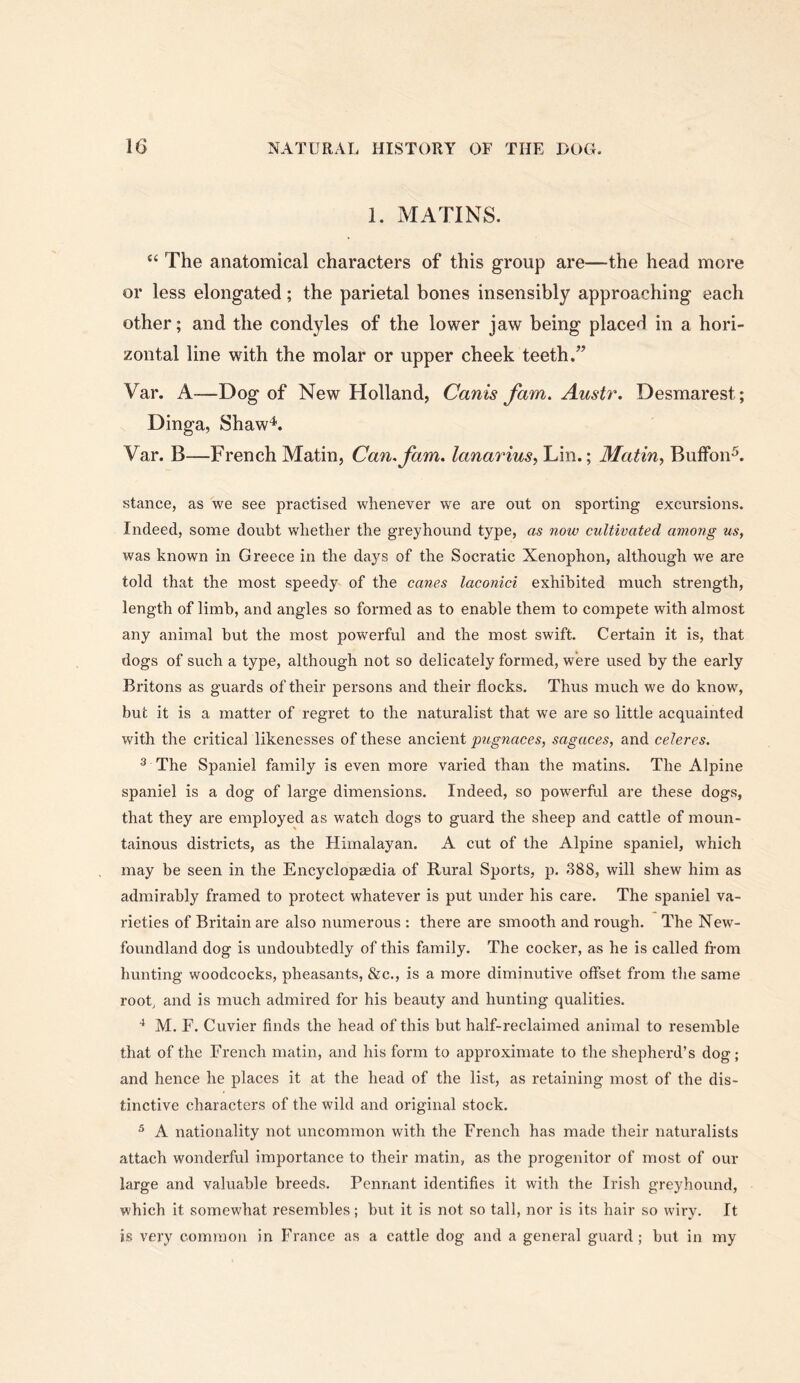 1. MATINS. “ The anatomical characters of this group are—the head more or less elongated; the parietal bones insensibly approaching each other; and the condyles of the lower jaw being placed in a hori- zontal line with the molar or upper cheek teeth.” Var. A—Dog of New Holland, Canis fam. Austr. Desmarest; Dinga, Shaw^. Var. B—French Matin, Can. fam. lanarius, Lin.; Matin^ Buffon^. stance, as we see practised whenever we are out on sporting excursions. Indeed, some doubt whether the greyhound type, as now cultivated among us, was known in Greece in the days of the Socratic Xenophon, although we are told that the most speedy of the canes laconici exhibited much strength, length of limb, and angles so formed as to enable them to compete with almost any animal but the most powerful and the most swift. Certain it is, that dogs of such a type, although not so delicately formed, were used by the early Britons as guards of their persons and their flocks. Thus much we do know, but it is a matter of regret to the naturalist that we are so little acquainted with the critical likenesses of these ancient pugnaces, sagaces, and celeres. ^ The Spaniel family is even more varied than the matins. The Alpine spaniel is a dog of large dimensions. Indeed, so powerful are these dogs, that they are employed as watch dogs to guard the sheep and cattle of moun- tainous districts, as the Himalayan. A cut of the Alpine spaniel, which may be seen in the Encyclopaedia of Rural Sports, p. 388, will shew him as admirably framed to protect whatever is put under his care. The spaniel va- rieties of Britain are also numerous : there are smooth and rough. The New- foundland dog is undoubtedly of this family. The cocker, as he is called from hunting woodcocks, pheasants, &c,, is a more diminutive offset from the same root, and is much admired for his beauty and hunting qualities. ■* M. E. Cuvier finds the head of this but half-reclaimed animal to resemble that of the French matin, and his form to approximate to the shepherd’s dog; and hence he places it at the head of the list, as retaining most of the dis- tinctive characters of the wild and original stock. ^ A nationality not uncommon with the French has made their naturalists attach wonderful importance to their matin, as the progenitor of most of our large and valuable breeds. Pennant identifies it with the Irish greyhound, which it somewhat resembles; but it is not so tall, nor is its hair so wiry. It is very comiuon in France as a cattle dog and a general guard; but in my