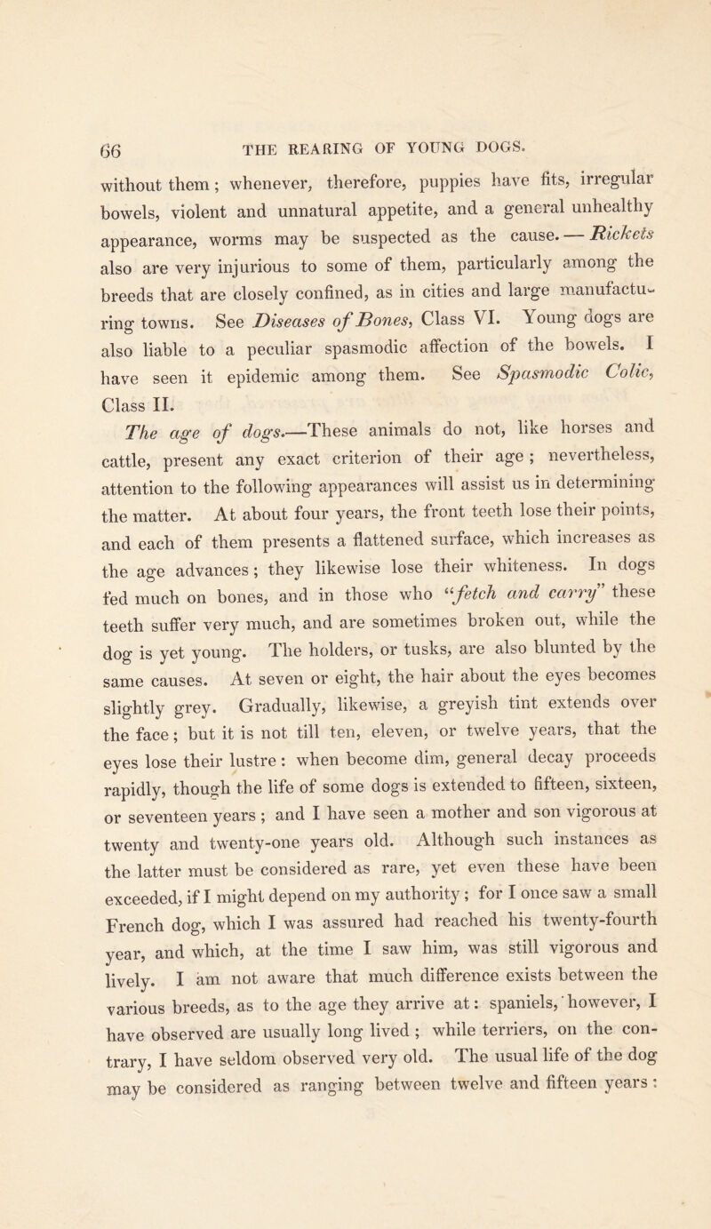 without them; whenever, therefore, puppies have fits, irregular bowels, violent and unnatural appetite, and a general unhealthy appearance, worms may be suspected as the cause. Hickets also are very injurious to some of them, particularly among the breeds that are closely confined, as in cities and large manufactuv- ring towns. See Diseases of Bones, Class VI. Young dogs are also liable to a peculiar spasmodic affection of the bowels. I have seen it epidemic among them. See Spasmodic Colic, Class II. The age of dogs.—These animals do not, like horses and cattle, present any exact criterion of their age; nevertheless, attention to the following appearances will assist us in determining the matter. At about four years, the front teeth lose their points, and each of them presents a flattened surface, which increases as the age advances; they likewise lose their whiteness. In dogs fed much on bones, and in those who ^fetch and carry' these teeth suffer very much, and are sometimes broken out, while the dog is yet young. The holders, or tusks, are also blunted by the same causes. At seven or eight, the hair about the eyes becomes slightly grey. Gradually, likewise, a greyish tint extends over the face; but it is not till ten, eleven, or twelve years, that the eyes lose their lustre: when become dim, general decay proceeds rapidly, though the life of some dogs is extended to fifteen, sixteen, or seventeen years ; and I have seen a mother and son vigorous at twenty and twenty-one years old. Although such instances as the latter must be considered as rare, yet even these have been exceeded, if I might depend on my authority; for I once saw a small French dog, which I was assured had reached his twenty-fourth year, and which, at the time I saw him, was still vigorous and lively. I am not aware that much difference exists between the various breeds, as to the age they arrive at: spaniels, however, I have observed are usually long lived ; while terriers, on the con- trary, I have seldom observed very old. The usual life of the dog may be considered as ranging between twelve and fifteen years: