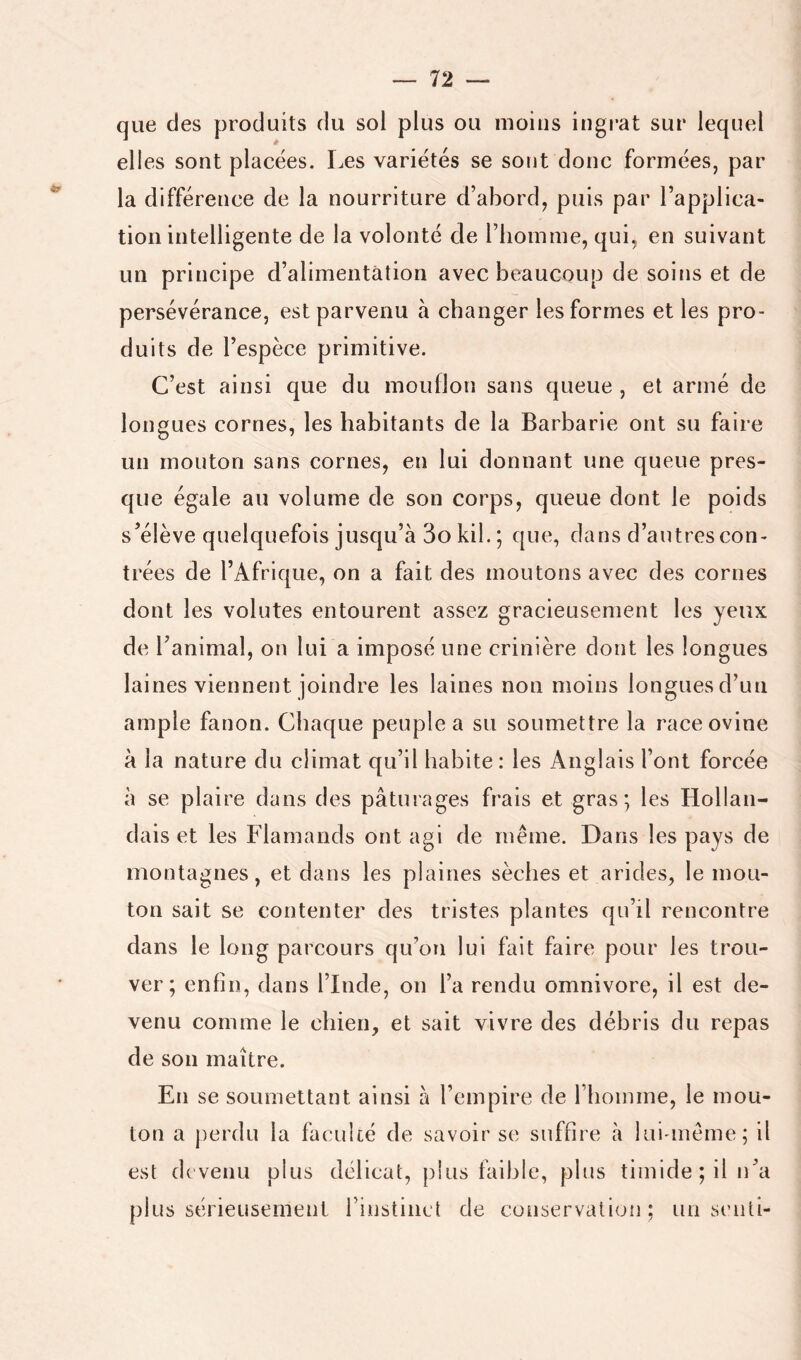 que des produits du sol plus ou moins ingrat sur lequel elles sont placées. Les variétés se sont donc formées, par la différence de la nourriture d’abord, puis par l’applica- tion intelligente de la volonté de l’homme, qui, en suivant un principe d’alimentation avec beaucoup de soins et de persévérance, est parvenu à changer les formes et les pro- duits de l’espèce primitive. C’est ainsi que du mouflon sans queue , et armé de longues cornes, les habitants de la Barbarie ont su faire un mouton sans cornes, en lui donnant une queue pres- que égale au volume de son corps, queue dont le poids s’élève quelquefois jusqu’à 3o kil. ; que, dans d’autres con- trées de l’Afrique, on a fait des moutons avec des cornes dont les volutes entourent assez gracieusement les yeux de l’animal, on lui a imposé une crinière dont les longues laines viennent joindre les laines non moins longues d’un ample fanon. Chaque peuple a su soumettre la race ovine à la nature du climat qu’il habite: les Anglais l’ont forcée à se plaire dans des pâturages frais et gras; les Hollan- dais et les Flamands ont agi de même. Dans les pays de montagnes, et dans les plaines sèches et arides, le mou- ton sait se contenter des tristes plantes qu’il rencontre dans le long parcours qu’on lui fait faire pour les trou- ver ; enfin, dans l’Inde, on l’a rendu omnivore, il est de- venu comme le chien, et sait vivre des débris du repas de son maître. En se soumettant ainsi à l’empire de l’iiomme, le mou- ton a perdu la faculté de savoir se suffire à lui-même; il est devenu plus délicat, plus faible, plus timide; il n’a plus sérieusement l’instinct de conservatiun ; un senti-