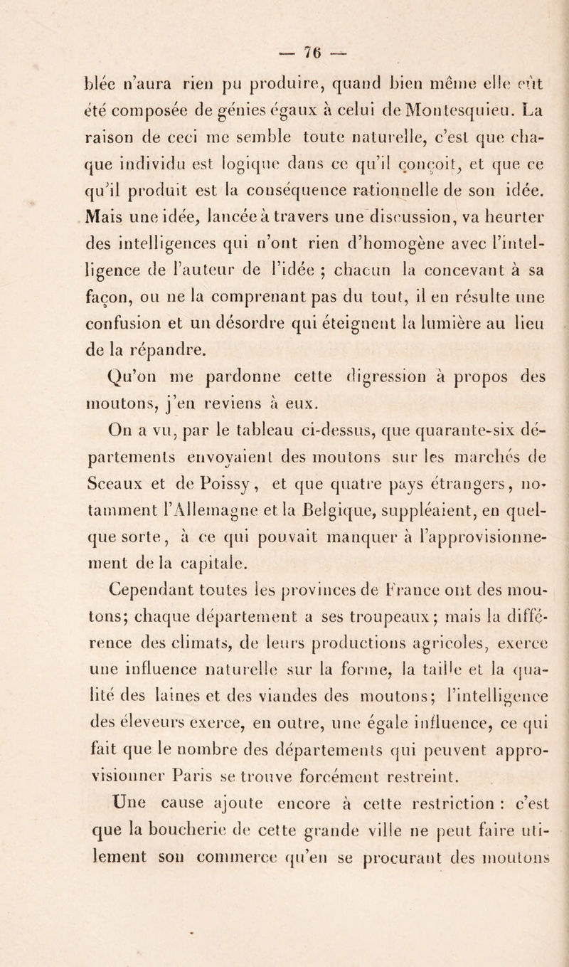 blée n’aura rien pu produire, quand bien même elle eût été composée de génies égaux a celui de Montesquieu. La raison de ceci me semble toute naturelle, c’est que cha- que individu est logique dans ce qu’il conçoit, et que ce qu’il produit est la conséquence rationnelle de son idée. Mais une idée, lancée à travers une discussion, va heurter des intelligences qui n’ont rien d’homogène avec l’intel- ligence de Fauteur de l’idée ; chacun la concevant à sa façon, ou ne la comprenant pas du tout, il en résulte une confusion et un désordre qui éteignent la lumière au lieu de la répandre. Qu’on me pardonne cette digression à propos des moutons, j’en reviens à eux. On a vu, par le tableau ci-dessus, que quarante-six dé- partements envoyaient des moutons sur les marchés de Sceaux et de Poissy, et que quati*e pays étrangers, no- tamment l’Allemagne et la Belgique, suppléaient, en quel- que sorte, à ce qui pouvait manquera l’approvisionne- ment de la capitale. Cependant toutes les provinces de Fi'ance ont des mou- tons; chaque département a ses troupeaux; mais la diffé- rence des climats, de leurs productions agricoles, exerce une influence naturelle sur la forme, la taibe et la (|ua- lité des laines et des viandes des moutons; l’intelligence des éleveurs exej*ce, en outre, une égale influence, ce (jui fait que le nombre des départements qui peuvent appro- visionner Paris se trouve forcément restreint. Une cause ajoute encore à cette restriction : c’est que la boucherie de cette grande ville ne peut faire uti- lement son commerce fju’en se procurant des moutons