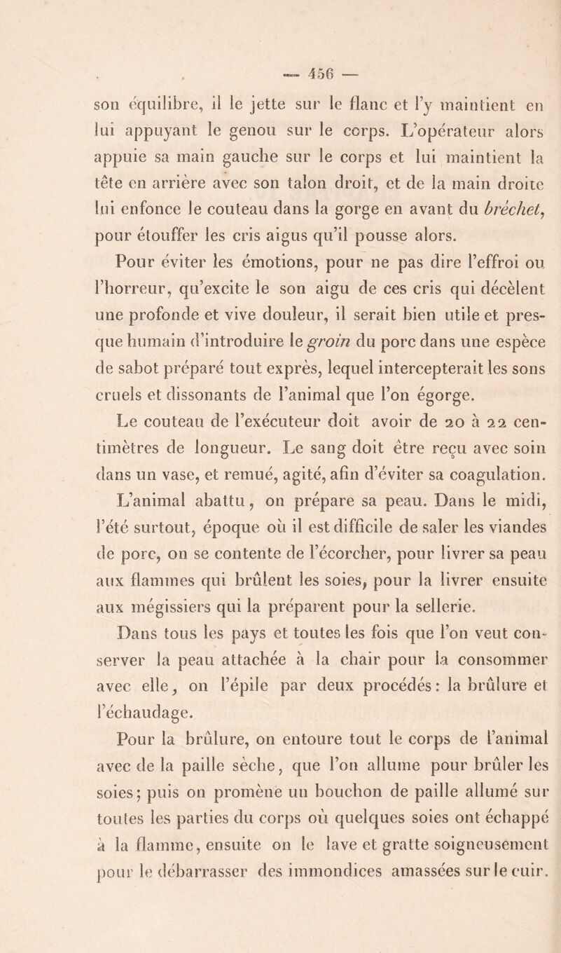 son équilibre, il le jette sur le flanc et l’y maintient en lui appuyant le genou sur le corps. L’opérateur alors appuie sa main gauche sur le corps et lui maintient la tête en arrière avec son talon droit, et de la main droite lui enfonce le couteau dans la gorge en avant du bréchet^ pour étouffer les cris aigus qu’il pousse alors. Pour éviter les émotions, pour ne pas dire l’effroi ou l’horreur, qu’excite le son aigu de ces cris qui décèlent une profonde et vive douleur, il serait bien utile et pres- que humain d’introduire le groin du porc dans une espèce de sabot préparé tout exprès, lequel intercepterait les sons cruels et dissonants de l’animal que l’on égorge. Le couteau de l’exécuteur doit avoir de 20 à 22 cen- timètres de longueur. Le sang doit être reçu avec soin dans un vase, et remué, agité, afin d’éviter sa coagulation. L’animal abattu, on prépare sa peau. Dans le midi, l’été surtout, époque ou il est difficile de saler les viandes de porc, on se contente de l’écorcher, pour livrer sa peau aux flammes qui brûlent les soies, pour la livrer ensuite aux mégissiers qui la préparent pour la sellerie. Dans tous les pays et toutes les fois que l’on veut con- server la peau attachée à la chair pour la consommer avec elle, on l’épile par deux procédés: la brûlure et l’échaudage. Pour la brûlure, on entoure tout le corps de l’animal avec de la paille sèche, que l’on allume pour brûleries soies; puis on promène un bouchon de paille allumé sur toutes les parties du corps où quelques soies ont échappé à la flamme, ensuite on le lave et gratte soigneusement j)our le débarrasser des immondices amassées sur le cuir.