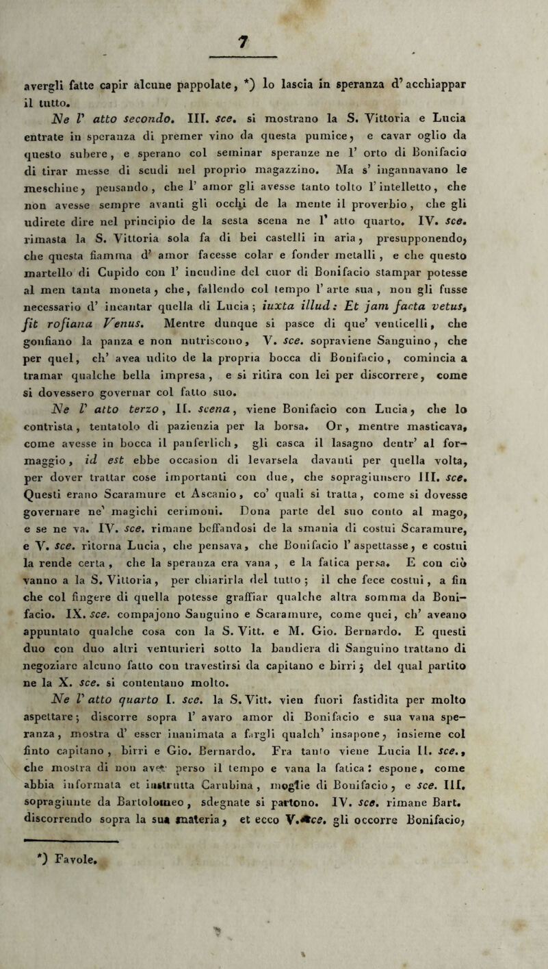 avergli falte capir alcune pappolate, *) lo lascia in speranza d’ acchlappar il tutto. Ne V atto secondo, III, sce, sl mostrano la S, Vittoria e Luela entrate iu speranza di premer vino da questa pumice5 e cavar oglio da questo subere, e sperano coi seminar speranze ne 1’ orto di Bonifacio di tirar messe di sciidi nel proprio magazzino, Ma s’ ingannavano le meschiucj pensando, clie 1’ amor gli avesse tanto tolto 1’intelletto, che non avesse sempre avanti gli occlj,i de la mente il proverbio, che gli udircte dire nel principio de la sesta scena ne 1* atto quarto, IV. scOm rimasta la S. Vittoria sola fa di bei castelli in aria ^ presupponendoj che questa fiamma d’ amor facesse colar e fonder metalli , e che questo martello di Cupido con 1’ incudine dcl cuor di Bonifacio stampar potesse al men tanta moneta j che, fallendo coi lempo 1’arte sua, non gli fusse necessario d’ incantar quella di Lucia ; iuxta illud: Et jam facta vetus, fit rofiana Venus» Mentre dunque si pasce di que’ veullcelli, che gonfiano la panza e non nutrlscoiio, V. sce. sopraviene Sanguino^ che per quel, ch’ avea udlto de la propria bocca di Bonifacio, comincia a tramar qualche bella impresa , e si ritira con lei per discorrere, come si dovessero governar coi fatto suo. Ne V atto terzo ^ II. scena y viene Bonifacio con Lucia ^ che lo contrista, tentatolo di pazienzia per la borsa. Or, mentre masticava, come avesse in bocca il panferlich, gli casca il lasagno dentr’ al for— maggio, id est ebbe occasion di levarsela davanti per quella volta, per dover trattar cose importanti con due, che sopragiunscro JII. sce. Questi erano Scaramure et Ascanio, co’ quali si tratta , come si dovesse governare ne’ magichl cerimoui. Dona parte dei suo conto al mago, e se ne va. IV. sce. rlmane beffandosi de la smanla di costul Scaramure, e V. Sce. ritorna Lucia, che pensava, che Bonifacio 1’aspettasse, e costui la rende certa , che la speranza era vana , e la falica persa. E con clo vanno a la S. Vittoria, per chiarirla dei tutto; il che fece costui, a fin che coi fingere di quella potesse graffiar qualche altra somma da Boni— facio. IX. >yce. compajono Sanguino e Scaramure, come quei, ch’ aveano appunlato qualche cosa con la S. Vitt. e M. Gio. Bernardo. E questi duo con duo altri venturieri sotto la bandiera di Sanguino trattano di negoziarc alcuno fatto con Iravestirsi da capitano e hirri 5 dei qual partito ne la X. sce. sl contentano molto. Ne r atto quarto I. sce. la S. Vitt. vien fuorl fastidita per molto aspettare; discorre sopra 1’ avaro amor di Bonifacio e sua vana spe- ranza, mostra d’ esscr inanimata a f.irgll qualch’ insapone^ Insleme coi finto capitano, blrri e Gio. Bernardo. Fra tanto viene Lucia II. sce., che mostra di non ave^’ perso 11 tempo e vana la fatica : espone, come abbia informata et iiislrulta Carubina , moglie di Bonifacio, e sce. III, sopragiunte da Bartolomeo , sdegnate si partono. IV. sce. rirnane Bart. discorrendo sopra la su« materia, et ecco \,^ce, gli occorre Bonifacio, Favole,