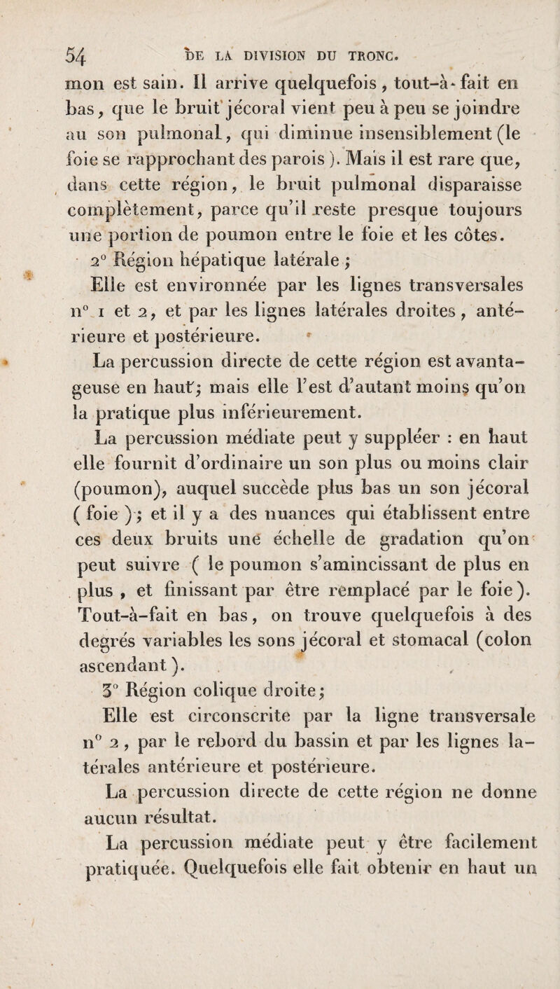 mon est sain. Il arrive quelquefois, tout-à*fait en bas, que le bruit jécoraî vient peu à peu se joindre au son pulmonal, qui diminue insensiblement (le '> foie se rapprochant des parois ). Mais il est rare que, dans cette région, le bruit pulmonal disparaisse complètement, parce qu’il reste presque toujours une portion de poumon entre le foie et les côtes. 2° Région hépatique latérale ; Elle est environnée par les lignes transversales n° i et 2, et par les lignes latérales droites, anté¬ rieure et postérieure. La percussion directe de cette région est avanta¬ geuse en haut; mais elle l’est d’autant moin$ qu’on la pratique plus inférieurement. La percussion médiate peut y suppléer : en haut elle fournit d’ordinaire un son plus ou moins clair (poumon), auquel succède plus bas un son jécoral ( foie ) ; et il y a des nuances qui établissent entre ces deux bruits une échelle de gradation qu’on peut suivre ( le poumon s’amincissant de plus en plus , et finissant par être remplacé par le foie ). Tout-à-fait en bas, on trouve quelquefois à des degrés variables les sons jécoral et stomacal (colon ascendant). 3° Région colique droite; Elle est circonscrite par la ligne transversale n° 2 , par le rebord du bassin et par les lignes la¬ térales antérieure et postérieure. La percussion directe de cette région ne donne aucun résultat. La percussion médiate peut y être facilement pratiquée. Quelquefois elle fait obtenir en haut un