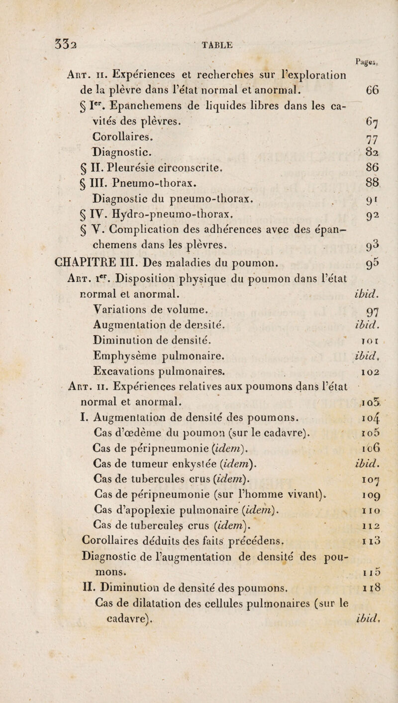 Pages, AnT. ii. Expériences et recherches sur l’exploration de la plèvre dans l’état normal et anormal. 66 § Ier. Epanchemens de liquides libres dans les ca¬ vités des plèvres. 67 Corollaires. 77 Diagnostic. 82 § II. Pleurésie circonscrite. 86 § III. Pneumo-thorax. 88 Diagnostic du pneumo-thorax. 91 § IV. Hydro-pneumo-thorax. 92 § V. Complication des adhérences avec des épan<- chemens dans les plèvres. 98 CHAPITRE III. Des maladies du poumon. g5 Art. 1er. Disposition physique du poumon dans l’état normal et anormal. ibicl. Variations de volume, 97 Augmentation de densité. ihid. Diminution de densité. 101 Emphysème pulmonaire. ibicl. Excavations pulmonaires. 102 Art. 11. Expériences relatives aux poumons dans l’état normal et anormal. io5 I. Augmentation de densité des poumons. 104 Cas d’œdème du poumon (sur le cadavre). io5 Cas de péripneumonie {idem), ic6 Cas de tumeur enkystée {idem). ibid. Cas de tubercules crus {idem). 107 Cas de péripneumonie (sur l’homme vivant)* 109 Cas d’apoplexie pulmonaire {idem). 110 Cas de tubercule? crus {idem). 112 Corollaires déduits des faits précédées, 110 Diagnostic de l’augmentation de densité des pou¬ mons. 115 II. Diminution de densité des poumons. 118 Cas de dilatation des cellules pulmonaires (sur le cadavre). ibid.