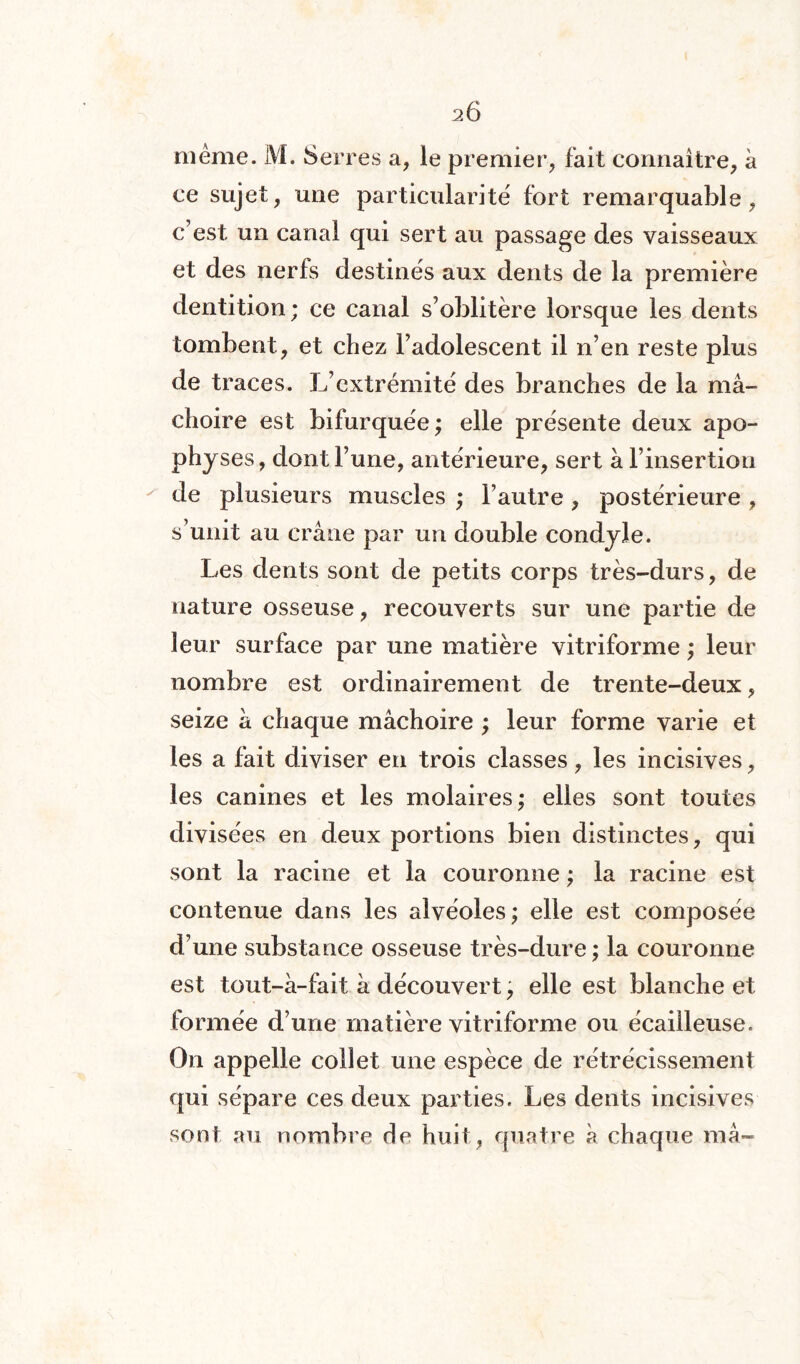 même. 1VJ. Serres a, le premier, fait connaître, à ce sujet, une particularité fort remarquable, c’est un canal qui sert au passage des vaisseaux et des nerfs destinés aux dents de la première dentition; ce canal s’oblitère lorsque les dents tombent, et chez l’adolescent il n’en reste plus de traces. L’extrémité des branches de la mâ¬ choire est bifurquée ; elle présente deux apo¬ physes, dont l’une, antérieure, sert à l’insertion de plusieurs muscles ; l’autre , postérieure , s’unit au crâne par un double condyle. Les dents sont de petits corps très-durs, de nature osseuse, recouverts sur une partie de leur surface par une matière vitriforme ; leur nombre est ordinairement de trente-deux, seize â chaque mâchoire ; leur forme varie et les a fait diviser en trois classes, les incisives, les canines et les molaires; elles sont toutes divisées en deux portions bien distinctes, qui sont la racine et la couronne ; la racine est contenue dans les alvéoles ; elle est composée d’une substance osseuse très-dure ; la couronne est tout-à-fait à découvert, elle est blanche et formée d’une matière vitriforme ou écailleuse. On appelle collet une espèce de rétrécissement qui sépare ces deux parties. Les dents incisives sont au nombre de huit, quatre k chaque mâ-