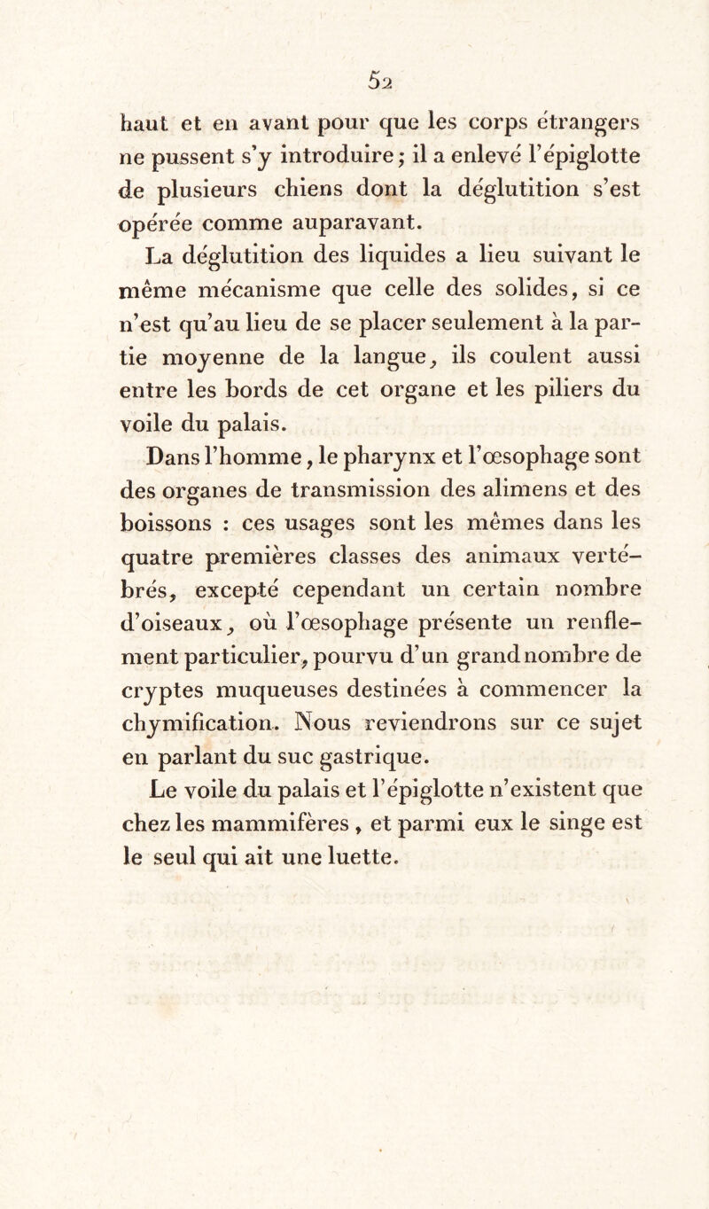 haut et en avant pour que les corps etrangers ne pussent s’y introduire ; il a enlevë l’ëpiglotte de plusieurs chiens dont la déglutition s’est opérée comme auparavant. La déglutition des liquides a lieu suivant le même mécanisme que celle des solides, si ce n’est qu’au lieu de se placer seulement à la par¬ tie moyenne de la langue, ils coulent aussi entre les bords de cet organe et les piliers du voile du palais. Dans l’homme, le pharynx et l’œsophage sont des organes de transmission des alimens et des boissons : ces usages sont les mêmes dans les quatre premières classes des animaux verté¬ brés, excepté cependant un certain nombre d’oiseaux, où l’œsophage présente un renfle¬ ment particulier, pourvu d’un grand nombre de cryptes muqueuses destinées à commencer la chymification. Nous reviendrons sur ce sujet en parlant du suc gastrique. Le voile du palais et l’épiglotte n’existent que chez les mammifères , et parmi eux le singe est le seul qui ait une luette.