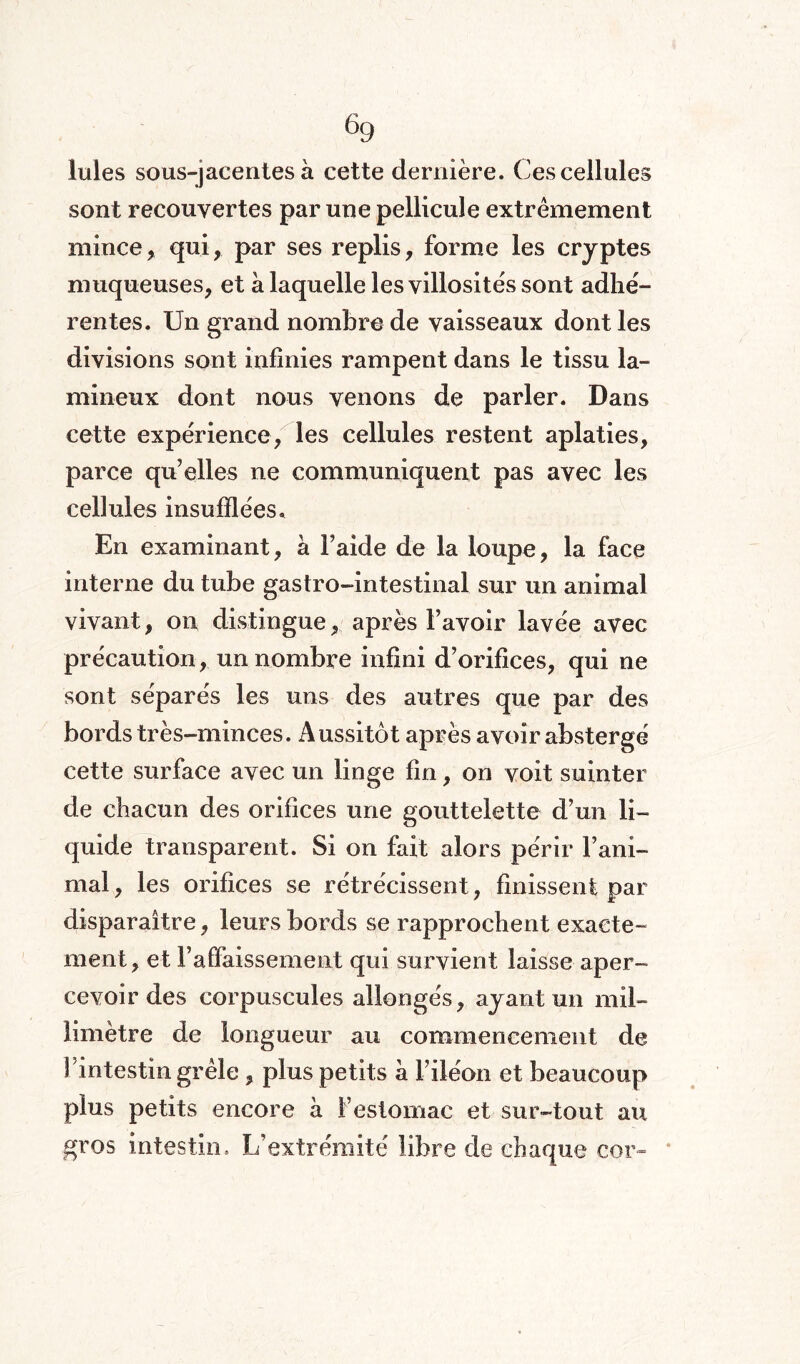 % Iules sous-jacentes à cette dernière. Ces cellules sont recouvertes par une pellicule extrêmement mince, qui, par ses replis, forme les cryptes muqueuses, et à laquelle les villosités sont adhé¬ rentes. Un grand nombre de vaisseaux dont les divisions sont infinies rampent dans le tissu la- mi lieux dont nous venons de parler. Dans cette expérience, les cellules restent aplaties, parce qu elles ne communiquent pas avec les cellules insufflées. En examinant, à Faide de la loupe, la face interne du tube gastro-intestinal sur un animal vivant, on distingue, après bavoir lavée avec précaution, un nombre infini d’orifices, qui ne sont séparés les uns des autres que par des bords très-minces. Aussitôt après avoir abstergé cette surface avec un linge fin, on voit suinter de chacun des orifices une gouttelette d’un li¬ quide transparent. Si on fait alors périr l’ani¬ mal, les orifices se rétrécissent, finissent par disparaître, leurs bords se rapprochent exacte¬ ment, et l’affaissement qui survient laisse aper¬ cevoir des corpuscules allongés, ayant un mil¬ limètre de longueur au commencement de l’intestin grêle , plus petits a l’iléon et beaucoup plus petits encore à l’estomac et sur-tout au gros intestin. L’extrémité libre de chaque cor-