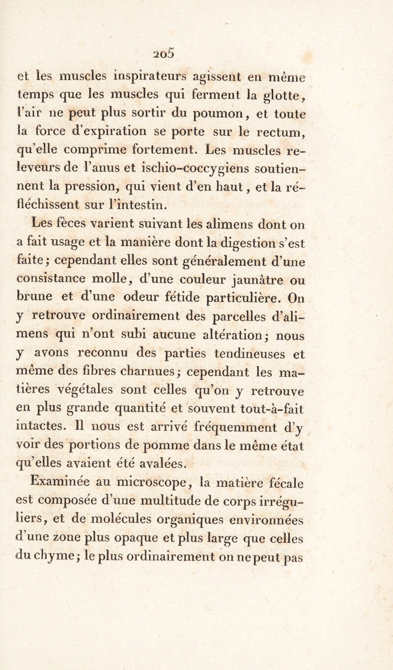 2ü5 et les muscles inspirateurs agissent en même temps que les muscles qui ferment la glotte, l’air ne peut plus sortir du poumon, et toute la force d’expiration se porte sur le rectum, qu’elle comprime fortement. Les muscles re- teveurs de l’anus et ischio-coccygiens soutien™ nent la pression, qui vient d’en haut, et la ré™ fléchissent sur l’intestin. Les fèces varient suivant les alimens dont on a fait usage et la manière dont la digestion s’est faite ; cependant elles sont généralement d’une consistance molle, d’une couleur jaunâtre ou brune et d’une odeur fétide particulière. On y retrouve ordinairement des parcelles d’ali- mens qui n’ont subi aucune altération; nous y avons reconnu des parties tendineuses et même des fibres charnues ; cependant les ma¬ tières végétales sont celles qu’on y retrouve en plus grande quantité et souvent tout-à-fait intactes. Il nous est arrivé fréquemment d’y voir des portions de pomme dans le même état qu’elles avaient été avalées. Examinée au microscope, la matière fécale est composée d’une multitude de corps irrégu¬ liers, et de molécules organiques environnées d’une zone plus opaque et plus large que celles du chyme ; le plus ordinairement on ne peut pas i