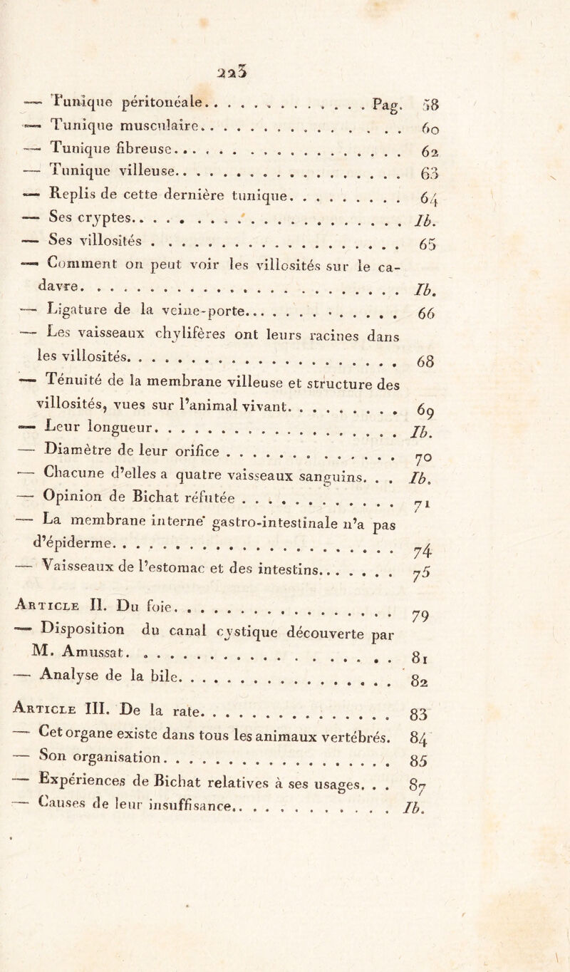 !Y —— Punique péritonéale.. ........... pag. 3g Tunique musculaire.. ..ft0 — Tunique fibreuse.. . .. 62 — Tunique villeuse... 53 «— Repi is de cette dernière tunique. 63 —- Ses cryptes..... ../£. —- Ses villosités . .. 53 Comment on peut voir les villosités sur le ca¬ davre. ..... -— Ligature de la veine-porte... .......... 55 — Ees vaisseaux chylifères ont leurs racines dans les villosités. ... 68 *— Ténuité de la membrane villeuse et structure des villosités, vues sur l’animal vivant. ........ 69 Leur longueur. ..... Jb — Diamètre de leur orifice ............. „0 •— Chacune d’elles a quatre vaisseaux sanguins. . . /£. — Opinion de Bichat réfutée.. <71 La membrane interne gastro-mtestmale n’a pas d’épiderme. ... — Vaisseaux de l’estomac et des intestins.... Article II. Du foie. ... ^ Disposition du canal cystique découverte par M. A mussat. . ... g — Analyse de la bile. g2 Article III. De la rate. .............. 33 ' org^ne existe dans tous les animaux vertébrés. 84 — Son organisation.. 85 — Expériences de Bichat relatives à ses usages, . . 8y Causes de leur insuffisance,. ... J}K