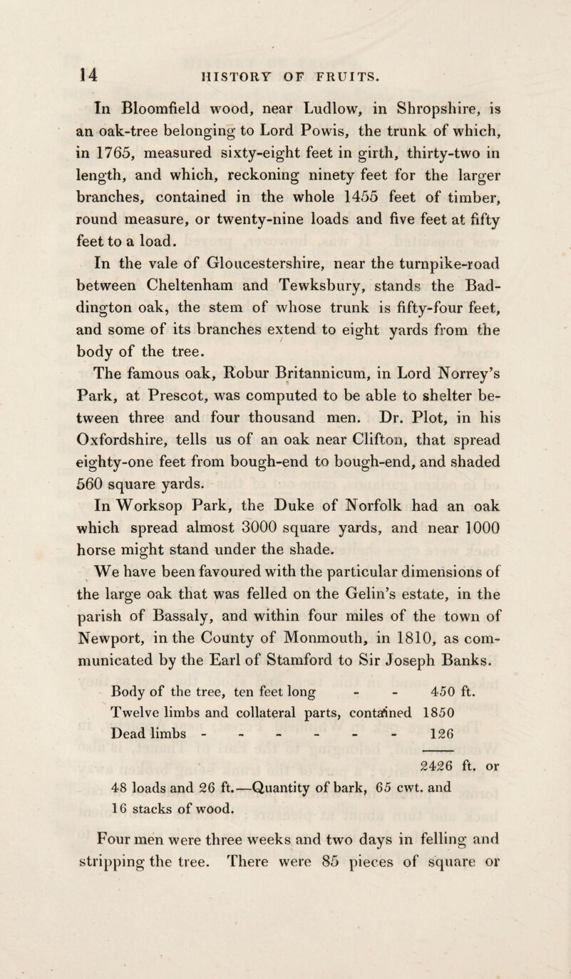 In Bloomfield wood, near Ludlow, in Shropshire, is an oak-tree belonging to Lord Powis, the trunk of which, in 1765, measured sixty-eight feet in girth, thirty-two in length, and which, reckoning ninety feet for the larger branches, contained in the whole 1455 feet of timber, round measure, or twenty-nine loads and five feet at fifty feet to a load. In the vale of Gloucestershire, near the turnpike-road between Cheltenham and Tewksbury, stands the Pad¬ dington oak, the stem of whose trunk is fifty-four feet, and some of its branches extend to eight yards from the body of the tree. The famous oak, Robur Britannicum, in Lord Norrey’s Park, at Prescot, was computed to be able to shelter be¬ tween three and four thousand men. Dr. Plot, in his Oxfordshire, tells us of an oak near Clifton, that spread eighty-one feet from bough-end to bough-end, and shaded 560 square yards. In Worksop Park, the Duke of Norfolk had an oak which spread almost 3000 square yards, and near 1000 horse might stand under the shade. We have been favoured with the particular dimensions of the large oak that was felled on the Gelin’s estate, in the parish of Bassaly, and within four miles of the town of Newport, in the County of Monmouth, in 1810, as com¬ municated by the Earl of Stamford to Sir Joseph Banks. Body of the tree, ten feet long - - 450 ft. Twelve limbs and collateral parts, contafined 1850 Dead limbs - - - - - - 126 2426 ft. or 48 loads and 26 ft.—Quantity of bark, 65 cwt. and 16 stacks of wood. Four men were three weeks and two days in felling and stripping the tree. There were 85 pieces of square or