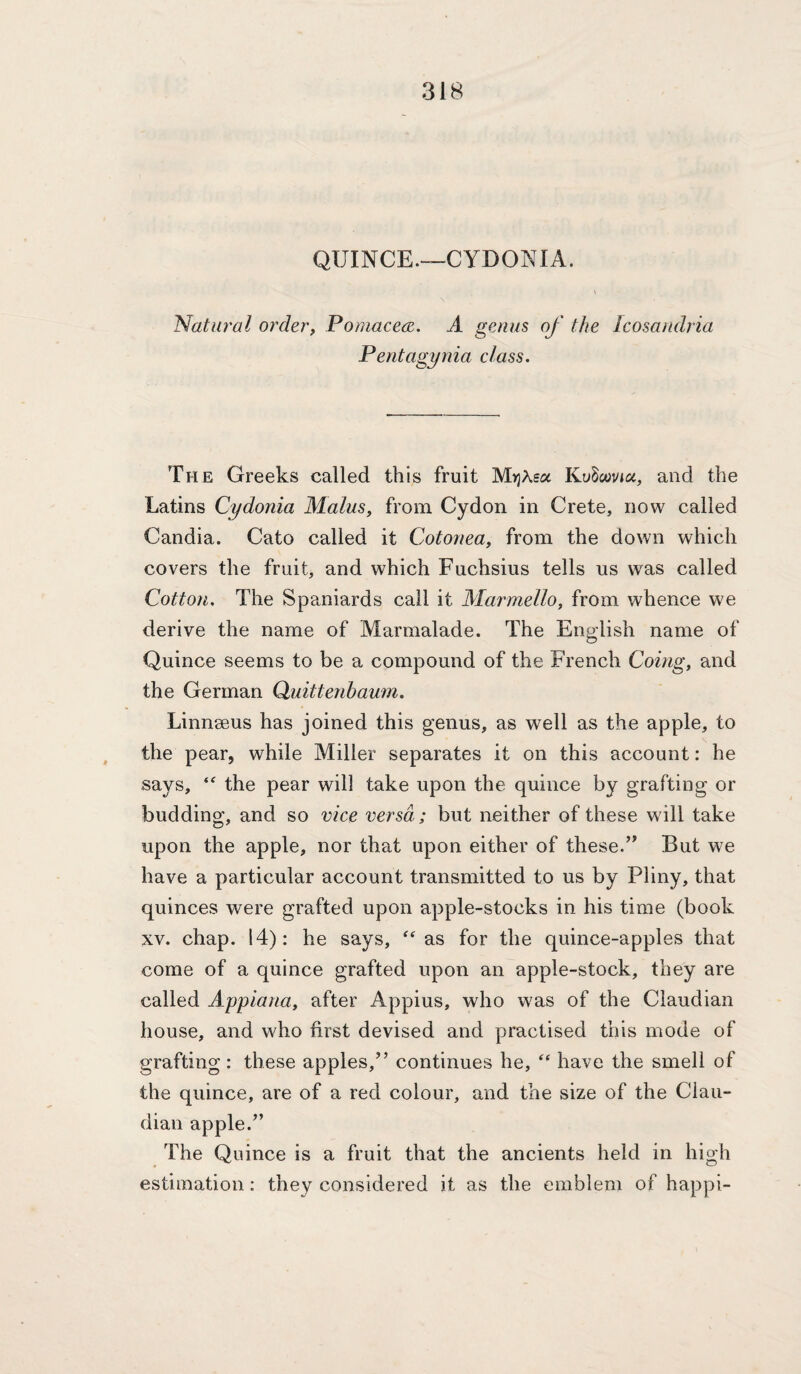 QUINCE—CYDONIA. V Natural order, Pomacece, A genus of the Icosandria Pentagynia class. The Greeks called this fruit MviXsa KuScovia, and the Latins Cydonia Malus, from Cydon in Crete, now called Candia. Cato called it Cotonea, from the down which covers the fruit, and which Fuchsius tells us was called Cotton, The Spaniards call it Marmello, from whence we derive the name of Marmalade. The English name of Quince seems to be a compound of the French Going, and the German Qiuitteyibaum. Linnseus has joined this genus, as well as the apple, to the pear, while Miller separates it on this account: he says, the pear will take upon the quince by grafting or budding, and so vice versa; but neither of these will take upon the apple, nor that upon either of these.But we have a particular account transmitted to us by Pliny, that quinces were grafted upon apple-stocks in his time (book XV. chap. 14): he says, ‘‘as for the quince-apples that come of a quince grafted upon an apple-stock, they are called Appiana, after Appius, who was of the Claudian house, and who first devised and practised this mode of grafting: these apples,” continues he, “ have the smell of the quince, are of a red colour, and the size of the Clau¬ dian apple. The Quince is a fruit that the ancients held in high estimation: they considered it as the emblem of happi-