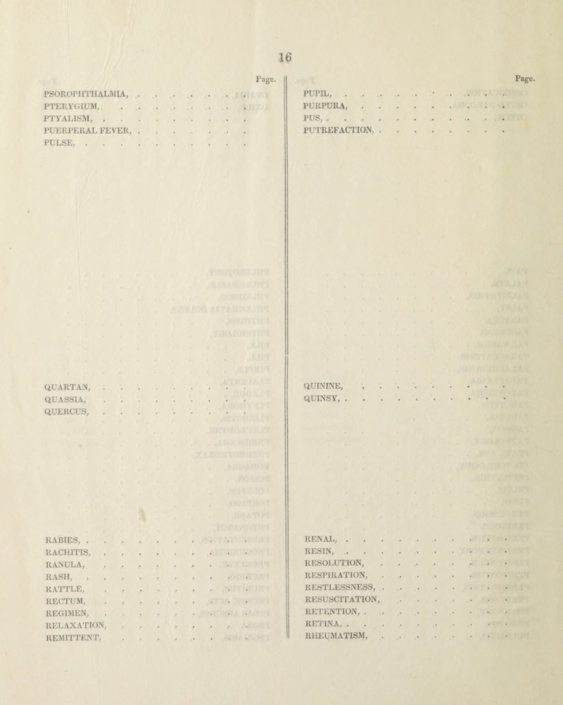 PSOROPHTIIALMIA, . PTERYGIUM. PTYALISM, . PUERPERAL FEVER, . PULSE, . Page. PUPIL, . PURPURA, . PUS, . PUTREFACTION, QUARTAN QUASSIA, QUERCUS, QUININE, QUINSY, RABIES, . RACHITIS, . RANULA, RASH, . RATTLE, RECTUM, REGIMEN, RELAXATION, REMITTENT, RENAL, . . RESIN, . RESOLUTION, RESPIRATION, RESTLESSNESS, RESUSCITATION, RETENTION, . RETINA, . RHEUMATISM,