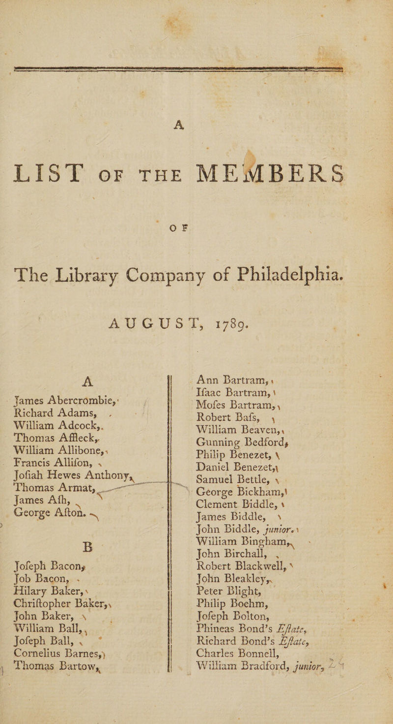 AUGUST, 1789. _ Ann Bartram, : -H{aac Bartram, \ Mofes Bartram, , Robert Bafs, , tae Netes Richard Adams, William Adcock,,. William Beaven,, - Thomas Affleck,. Gunning Bedford, William Allibone,, Philip Benezet, \ . Francis Allifon, 4 Daniel Benezet,\ Jofiah Hewes games Samuel Bettle, , ‘Thomas Armat, — “. George Bickham,! James Ath, | Clement Biddle, + George Afton. ~ James Biddle, \ John Biddle, suniores William Bingham John Birchall, , Robert Blackwall, ‘ | John Bleakley,. Jofeph as Job Bacon, . Hilary Baker, Peter Blight, Chriftopher Baker,, Philip Boehm, John Baker, \ Jofeph Bolton, William Ball, , Phineas Bond’s / fate, Jofeph Ball, . Richard Bond’s Late, Cornelius Barnes,) Charles Bonnell, , \ Thomas Bartowy, _ William Bradford, junior, -