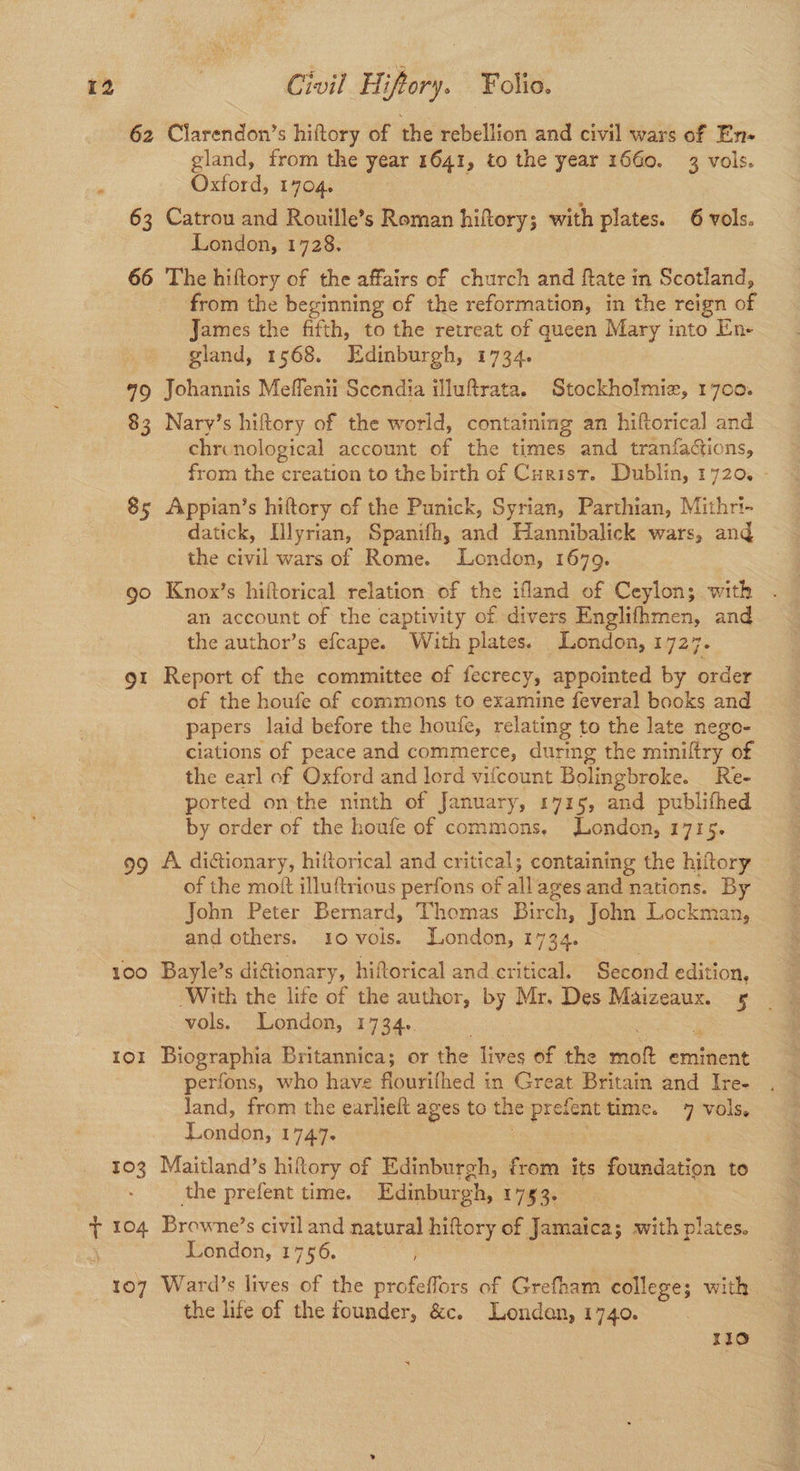 62 Clarendon’s hiftory of the rebellion and civil Wake of En- gland, from the year 1641, to the year 1660. 3 vols. Oxford, 1704. 63 Catrou and Rouille’s Roman hiftory; with vides: 6 vols. London, 1728. t sh from the beginning of the reformation, in the reign of James the fifth, to the retreat of queen Mary into En- gland, 1568. Edinburgh, 1734. #9 Johannis Meflenii Scendia illuftrata. Stockholmie, 1700. 83 Nary’s hiftory of the world, containing an hiftorical and chri nological account of the times and tranfaGions, from the creation to the birth of Curisr. Dublin, 1720, - 85 Appian’s hiftory of the Punick, Syrian, Parthian, Mithri- datick, [lyrian, Spanifh, and Hannibalick wars, and the civil wars of Rome. London, 1679. 90 Knox’s hiftorical relation of the ifland of Ceylon; with an account of the captivity of divers Englifhmen, and the author’s efcape. With plates. London, 1727. 91 Report of the committee of fecrecy, appointed by order of the houfe of commons to examine feveral books and papers laid before the houfe, relating to the late nego- ciations of peace and commerce, during the miniftry of the earl of Oxford and lord vifcount Bolingbroke. Re- ported on the ninth of January, 1715, and publifhed by order of the houfe of commons, London, 1715. 99 A dictionary, hiftorical and critical; containing the hiftory of the moit illuftrious perfons of all’ ages and nations. By John Peter Bernard, Thomas Birch, John Lockman, and others. 1ovois. London, 1734. 100 Bayle’s distionary, hiftorical and critical. Second edition, ‘With the life of the author, by Mr. Des Maizeaux. 5 vols. London, 1734. 101 Biographia Britannica; or the lives of the aah eminent perfons, who have fiourifhed in Great Britain and Ire- land, from the earlieft ages to the pre time. 7 vols, London, 1747+ | 103 Maitland’s hiftory of Edinburgh, from its foundation to : the prefent time. Edinburgh, 1763s: 104 Browne’s civil and natural hiftory of Jamaica; with plates. London, 1756. 107 Ward’s lives of the profeffors of Grefham college; with the life of the founder, &c. Londan, 1740. 110