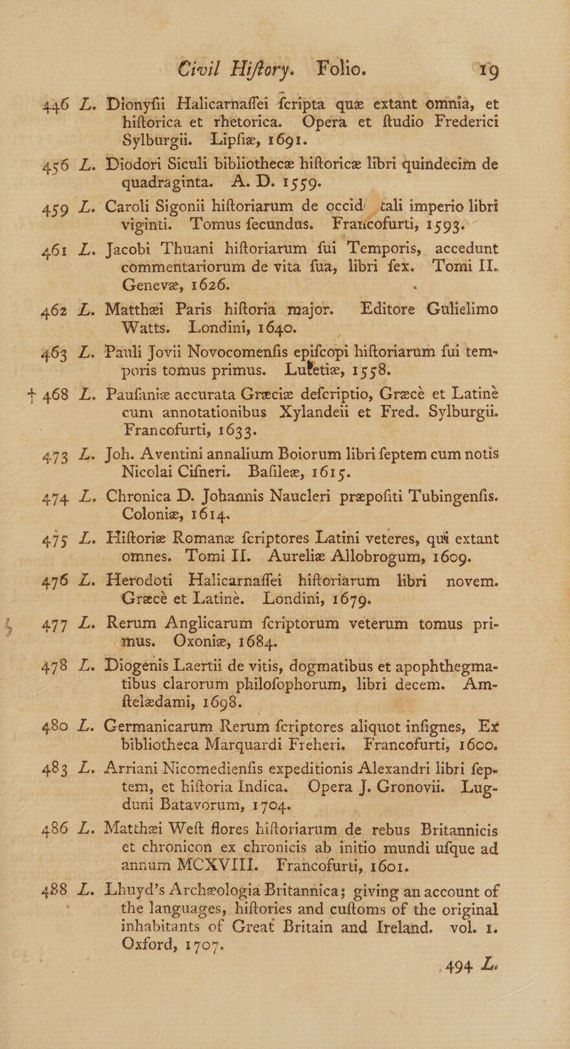 hiftorica et rhetorica. Opera et ftudio Frederici —Sylburgii. Lipfiz, 1691. quadraginta. A. D. 1559. viginti. ‘Tomus fecundus. Fraticofurti, 1 593. commentariorum de vita fua, libri fex. Tomi II. Geneve, 1626. Watts. Londini, 1640. poris tomus primus. Lufetiz, 1558. cum annotationibus Xylandeii et Fred. Sylburgii. Francofurti, 1633. Nicolai Cifneri. Bafilee, 1615. Colonie, 1614. omnes. Tomi lI. Aureliz Allobrogum, 1609. Grecé et Latine. Londini, 1679. mus. Oxonie, 1684. tibus clarorum philofophorum, libri decem. Am- fteledami, 1698. bibliotheca Marquardi Freheri, Francofurti, 1600. tem, et hiftoria Indica. Opera J. Gronovii. Lug- duni Batavorum, 1704. Matthei Weft flores hiftoriarum de rebus Britannicis et chronicon ex chronicis ab initio mundi ufque ad annum MCXVIII. Francofurti, 1601. Lhuyd’s Archzologia Britannica; giving an account of the languages, hiftories and cuftoms of the original inhabitants of Great Britain and Ireland. vol. 1. Oxford, 1707, : 494 Le