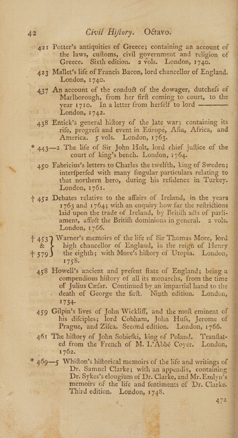 421 Potter’s antiquities of Greece; containing an account of » the laws, cuftoms, civil government and religion of Greece. Sixth edition. 2 vols. London, 1740. ~ 423 Mallet’s life of Francis Bacon, lord chancellor of England. London, 1740. 439 An account of the condué of the dowager, dutchels of Marlborough, from her firft coming to court, to the year 1710. Ina letter from herfelf to lord 7 London, 1742. 438 Entick’s general hiftory of the late war; containing its rife, progrefs and event in Europe, Afia, Africa, and America. 5 vols. London, 1763. * 443—2.'The life of Sir John Holt, lord chief juflice of the court of king’s bench. London, i764. 450: Fabricius’s letters to Charles the twelfth, king of Sweden; inter{perfed with many fingular particulars relating to that northern hero, during his refidence in Turkey. ~ London, 1761. i + 452 Debates relative to the affairs of Ireland, in the years 1763 and 1764; with an enquiry how far the reftrictions laid upon the trade of Ireland, by Britith acts of parli- ament, affect the Britifh dominions in general. 2 vols. = | _ London, 1766. 4 + 453°) Warner’s memoirs of the life of Sir Thomas More, lord & high chancellor of England, in the reign of Henry Te 76 the eighth; with More’s hiftory of Utopia. London, 1750. 458 Howell’s ancient and prefent ftate of England; being a . compendious hiftory of all its monarchs, fromthe time ~ of Julius Cefar. Continued by.an impartial hand to the ~ death of George the firft. Ninth edition. London, E734. 3 : : | 459 Gilpin’s lives of John Wickliff, and the mo eminent of ~ his difciples; lord Cobham, John Hufs, Jerome of 7 | Prague, and Zifca. Second edition. London, 1766. ~ 461 The hiftory of John Sobiefki, king of Poland. Tranflat- ed from the French of M. L’Abbé Coyer. London, : 1762. | | * 469—5 Whifton’s hiftorical memoirs of the life and writings of A Dr. Samuel Clarke; with an appendix, containing ~ Dr. Sykes’s elougium of Dr. Clarke, and Mr.Emlyn’s — memoirs of the life and fentiments of Dr. Clarke. — Third edition. London, 1748. | 472 coe agile SEs Saar %