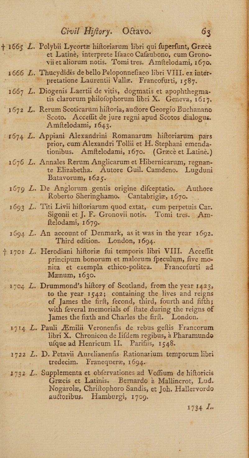 — 1667 bs 1676 L. et Latine, interprete Ifaaco Cafaubono, cum Grono- viiet aliorum notis. Tomi tres. Amitelodami, 1670. _Thucydidis de bello Peloponnefiaco libri VIII. ex inter- -pretatione Laurentii Valle. Francofurti, 1587. Diogenis Laertii de vitis, dogmatis et apophthegma- tis clarorum philofophorum libri X. Geneva, 1614. Rerum Scoticarum hiltoria, auctore Georgio Buchanano ‘Scoto. Acceflit de jure regni apud Scotos alae. Amftelodami, 1643. Appiani Alexandrini Romanarum hiftoriarum pars prior, cum Alexandri Tollii et H. Stephani emenda- tionibus. Amftelodami, 1670. (Grece et Latiné.) Annales Rerum Anglicarum et Hibernicarum, regnan- te Elizabetha. Autore Guil. Camdeno. Lugduni Batavorum, 1625. De Anglorum gentis origine difceptatio. Authore Roberto Sheringhamo. Cantabrigie, 1670. Titi Livii hiftoriarum quod extat,, cum perpetuis Car. Sigonii et J. F.. Gronovii notis. Tomi tres. Am- ftelodami, 1679. Herodiani hiftorie fui temporis libri VIII. Acceffit principum bonorum et malorum fpeculum, five mo- nita et exempla ethico- politca. Francofurti ad Menum, 1630. Drummond’s hiftory of Scotland, from the year 1423 a, to the year 1542; containing the lives and reigns of James the firft, fecond, third, fourth and fitth; with feveral memorials of ftate during the reigns of James the fixth and Charles the firft, London. Pauli Aimilii Veronenfis de rebus geftis Francorum libri X. Chronicon de lifdem regibus, 4 Pharamundo D. Petavii Aurelianenfis Rationarium temporum libri tredecim. Franequerz, 1694. Supplementa et obfervationes ad Voffium: de biharicis Grecis et Latinis. . Bernardo 2 Mallincrot, Lud. Nogarole, Chriftophoro Sandis, et Joh. Hallervordo auctoribus. Hamburgi, 1709. 1734 den