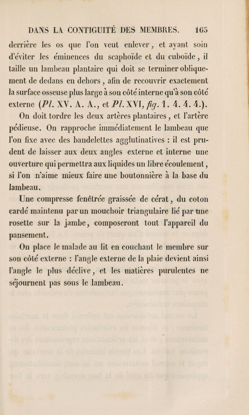 derrière les os que Ton veut enlever, et ayant soin d éviter les éminences du scaphoïde et du cuboïde, il taille lin lambeau plantaire qui doit se terminer oblique¬ ment de dedans en dehors, afin de recouvrir exactement la surface osseuse plus large à son côté interne qu'a son côté externe [PL XV. À. A., et PL XVI, fie/, 1. 4. 4. 4.). On doit tordre les deux artères plantaires, et Fartère pédieuse. On rapproche immédiatement le lambeau que Fon fixe avec des bandelettes agglutinatives : il est pru¬ dent de laisser aux deux angles externe et interne une ouverture qui permettra aux liquides un libre écoulement, si Fon n’aime mieux faire une boutonnière a la base du lambeau. Une compresse fenêtrée graissée de cérat, du coton cardé maintenu par un mouchoir triangulaire lié par une rosette sur la jambe, composeront tout l’appareil du pansement. On place le malade au lit en couchant le membre sur son côté externe : l’angle externe de la plaie devient ainsi l’angle le plus déclive, et les matières purulentes ne séjournent pas sous le lambeau.