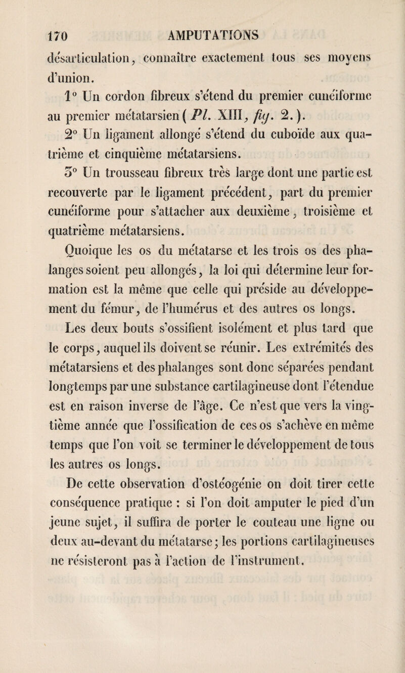 désarticulation , connaître exactement tous ses moyens d’union. 1° Un cordon fibreux s’étend du premier cunéiforme au premier métatarsien ( PL XIII, fiy. 2.). 2° Un ligament allongé s’étend du cuboïde aux qua¬ trième et cinquième métatarsiens. o° Un trousseau fibreux très large dont une partie est recouverte par le ligament précédent, part du premier cunéiforme pour s’attacher aux deuxième , troisième et quatrième métatarsiens. Quoique les os du métatarse et les trois os des pha¬ langes soient peu allongés, la loi qui détermine leur for¬ mation est la même que celle qui préside au développe¬ ment du fémur, de l’humérus et des autres os longs. Les deux bouts s’ossifient isolément et plus tard que le corps, auquel ils doivent se réunir. Les extrémités des métatarsiens et des phalanges sont donc séparées pendant longtemps par une substance cartilagineuse dont l’étendue est en raison inverse de l’âge. Ce n’est que vers la ving¬ tième année que l’ossification de ces os s’achève en même temps que l’on voit se terminer le développement de tous les autres os longs. De cette observation d’ostéogénie on doit tirer cette conséquence pratique : si l’on doit amputer le pied d’un jeune sujet, il suffira de porter le couteau une ligne ou deux au-devant du métatarse ; les portions cartilagineuses ne résisteront pas â l’action de l’instrument.