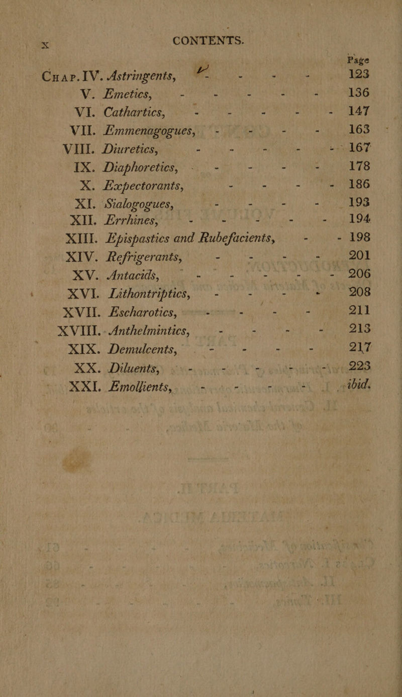 mer Page Cuap. IV. Astringents, gee . - 123 V. Emeties, - s - - 136 VI. Cathartics, : 2 : i - AT VII. Lmmenagogues, - — - - : 163 VIII. Diuretics, - - - - +» b67 IX. Diaphoreties, -_ - - - : 178 X. Lapectorants, - - . - 186 XI. Sralogogues, ys - : - 3) TESS XII. Errhines, - - - = Oe XIII. Lpispasties and Pibepicients - - 198 XIV. Refrigerants, - - : « 2201 Vii AEGCHIS, tine ire lm i ae - - 206 XVI. Lithontriptics, — - Me pe ae XVII. Lscharotics, . waives - 211 XVIII. - Anthelmintics, - : ~ ey aye’ A I: XIX. Demulcents, . - : 217 XX. Diluentixes sverige ss id etm Gee MEX T. Bmollients 6 naiccrn'n aurea