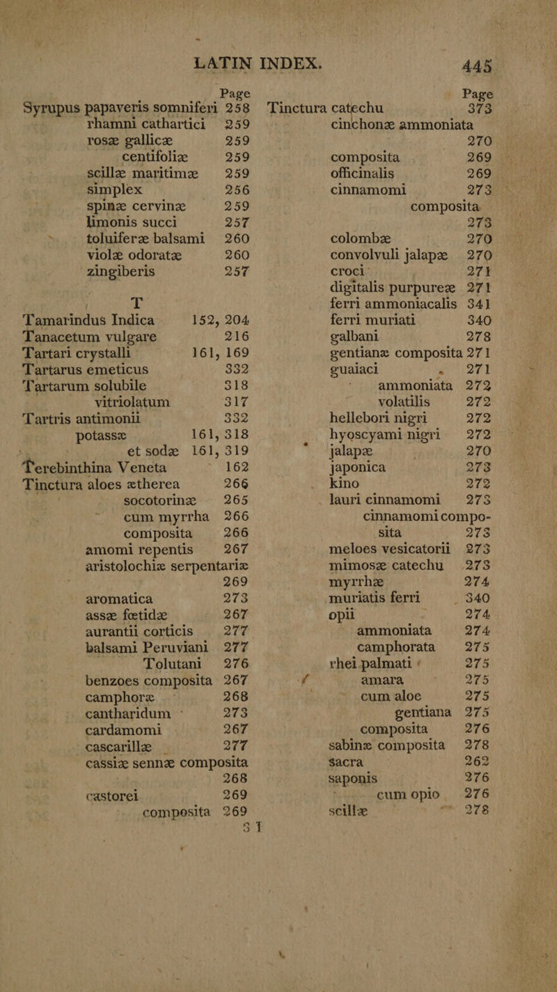 rosz gallicz 259 centifolize 259 scille maritime 259 simplex 256 spine cervine 259 limonis succi 257 . toluiferze balsami 260 violz odoratz 260 zingiberis 257 T Tanacetum vulgare 216 Tartari crystalli 161, 169 Tartarus emeticus 332 ‘Tartarum solubile 318 vitriolatum 317 Tartris antimonil 332 potassx 161, 318 : et sode 161, 319 cee Veneta 162 Tinctura aloes xtherea 266 socotorinz 265 cum myrrha 266 composita 266 amomirepentis 267 aromatica assez foetidze aurantil corticis 269 273 267 277 camphorz cantharidum © cardamomi cascarille _ 268 273 267 277 castorel 268 269 A445 Tinctura catechu 373 cinchonz ammoniata DIS composita 269. ie officinalis 269 — cinnamomi 27300 composita. 273 colombz 270 convolvuli jalape 270 croci’ 271 digitalis purpuree 271 ferrl ammoniacalis 34] ferri muriati 340 galbani 278 gentianz composita 27 1 guaiacl eI ammoniata 272 volatilis 272 hellebori nigri 272 hyoscyami nigri 272 jalapee 270 japonica 273 kino 272 lauricinnamomi 273 cinnamomi compo- _sita 278 meloes vesicatorii 273 mimose catechu 2738 myrrhz 274 muriatis ferri = 340 opil 27 4: - ammoniata 27 4 camphorata 275 rhei palmati « 275 amara 275 cum aloe 275 gentiana 275 composita 276 sabine composita 278 sacra 262 saponis 276 cumopio 276 scillze unk Yo
